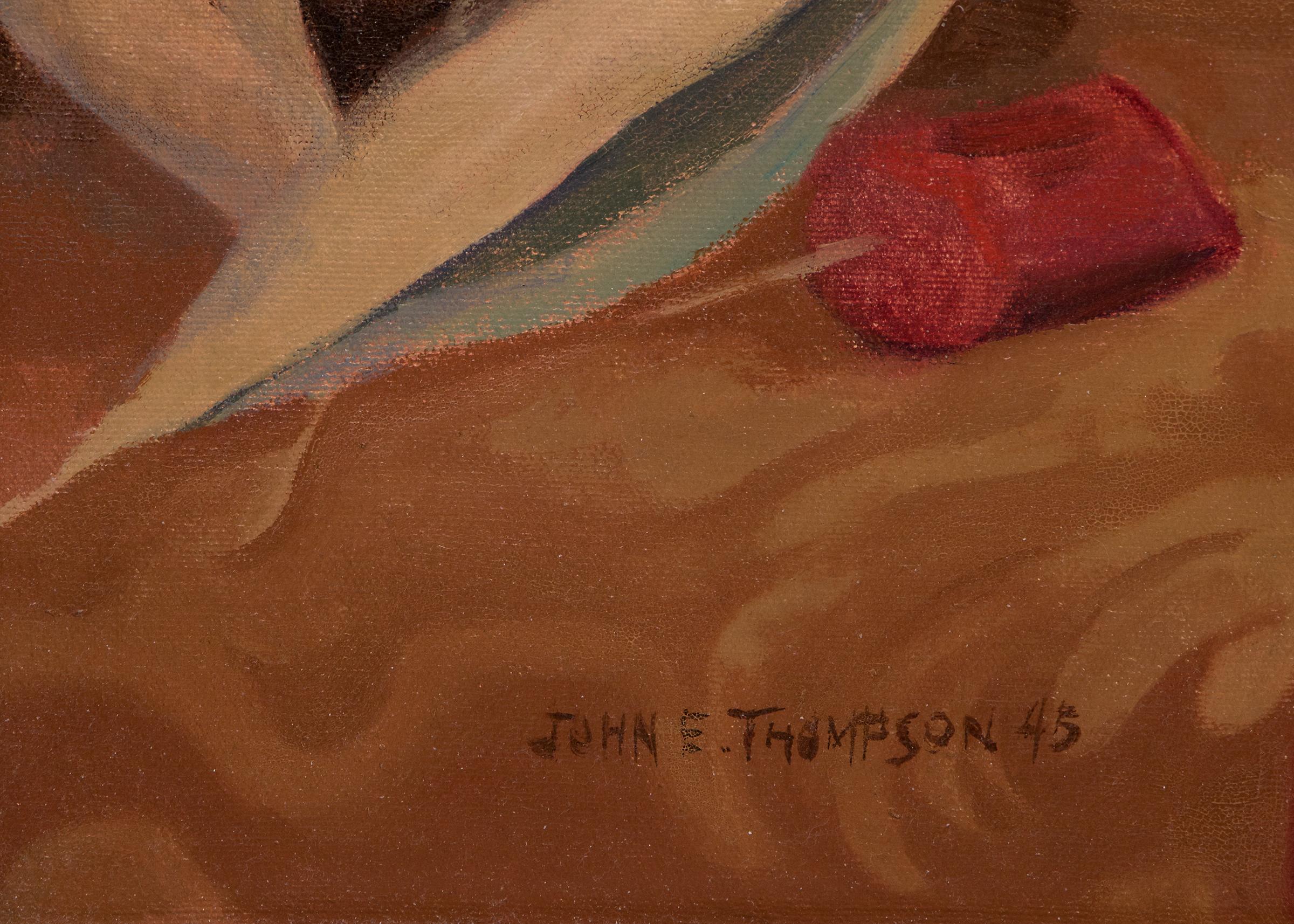 Original-Ölgemälde aus dem Jahr 1945 mit einem Interieur-Stillleben mit Blumenvase, Teetasse und Vorhang von John E. Thompson (1882-1945), einem Modernisten aus Colorado im 20. Öl auf Leinwand, Farben: rot, blau, gold, lila, rosa und gelb.