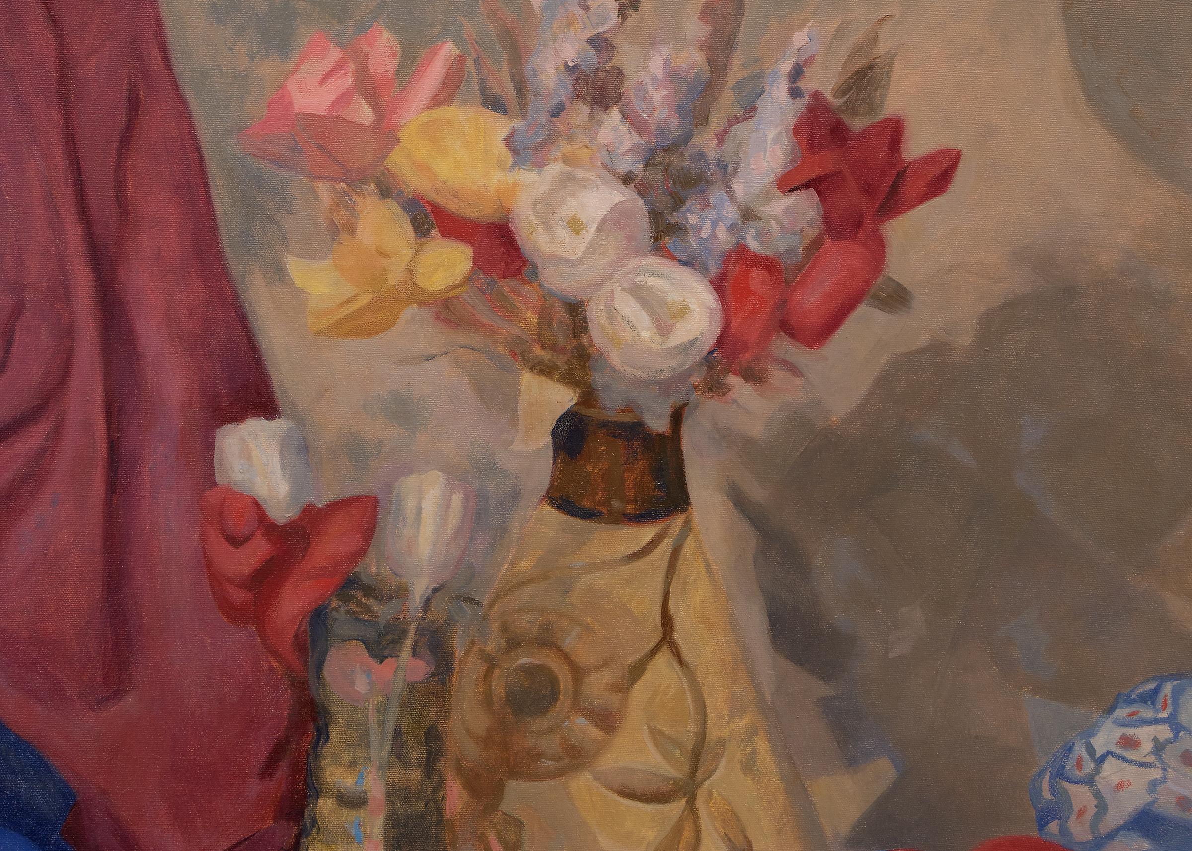 Original vintage 1945 oil painting with an interior still life with a vase of flowers, tea cup, and drapery by 20th century Colorado modernist, John E. Thompson (1882-1945). Oil on canvas, colors include red, blue, gold, purple, pink and yellow.