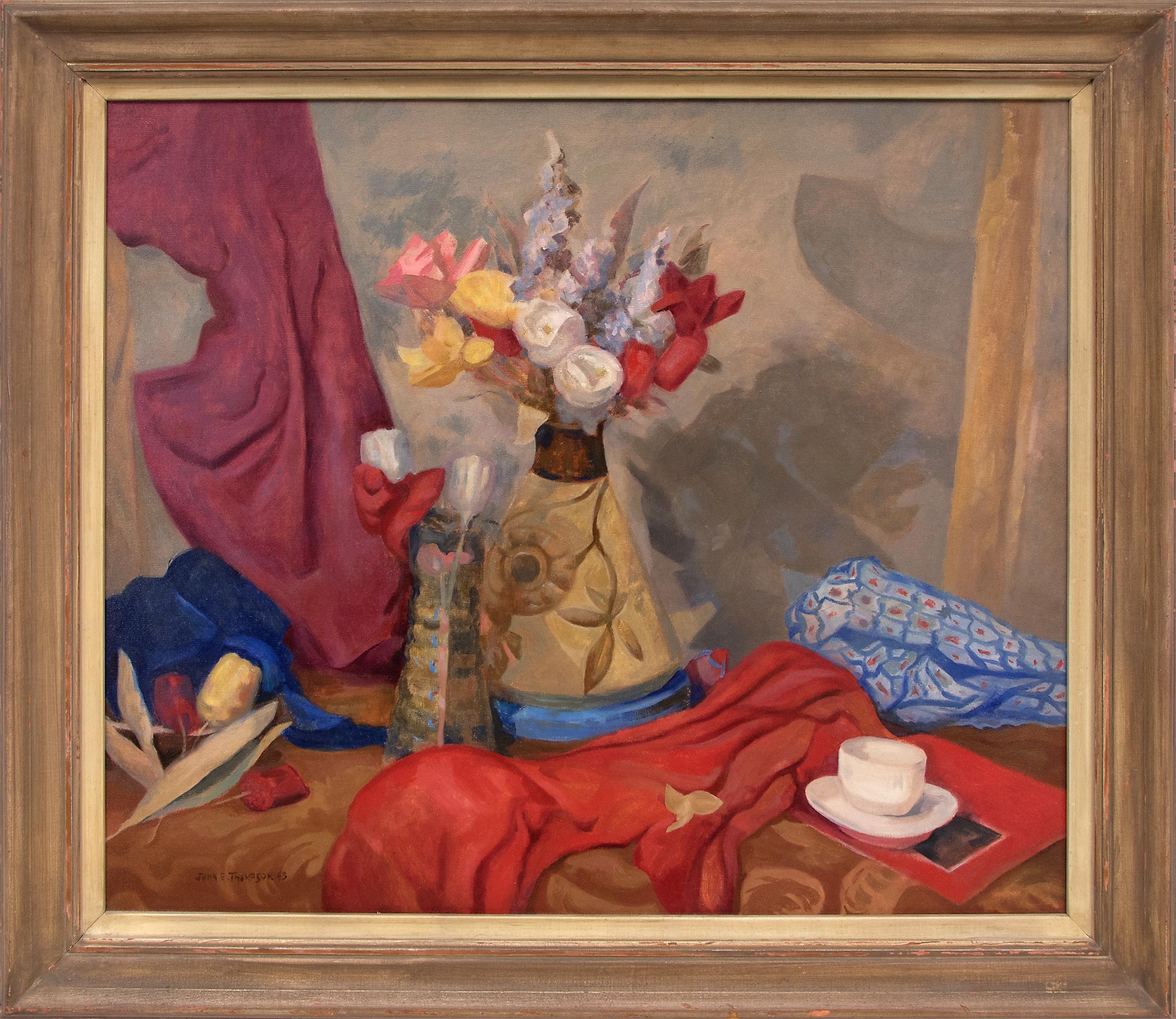 John Edward Thompson Still-Life Painting - 1940s Still Life with Flowers Oil Painting, Red, Yellow, Blue, Purple