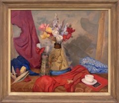 1940s Still Life with Flowers Oil Painting, Red, Yellow, Blue, Purple