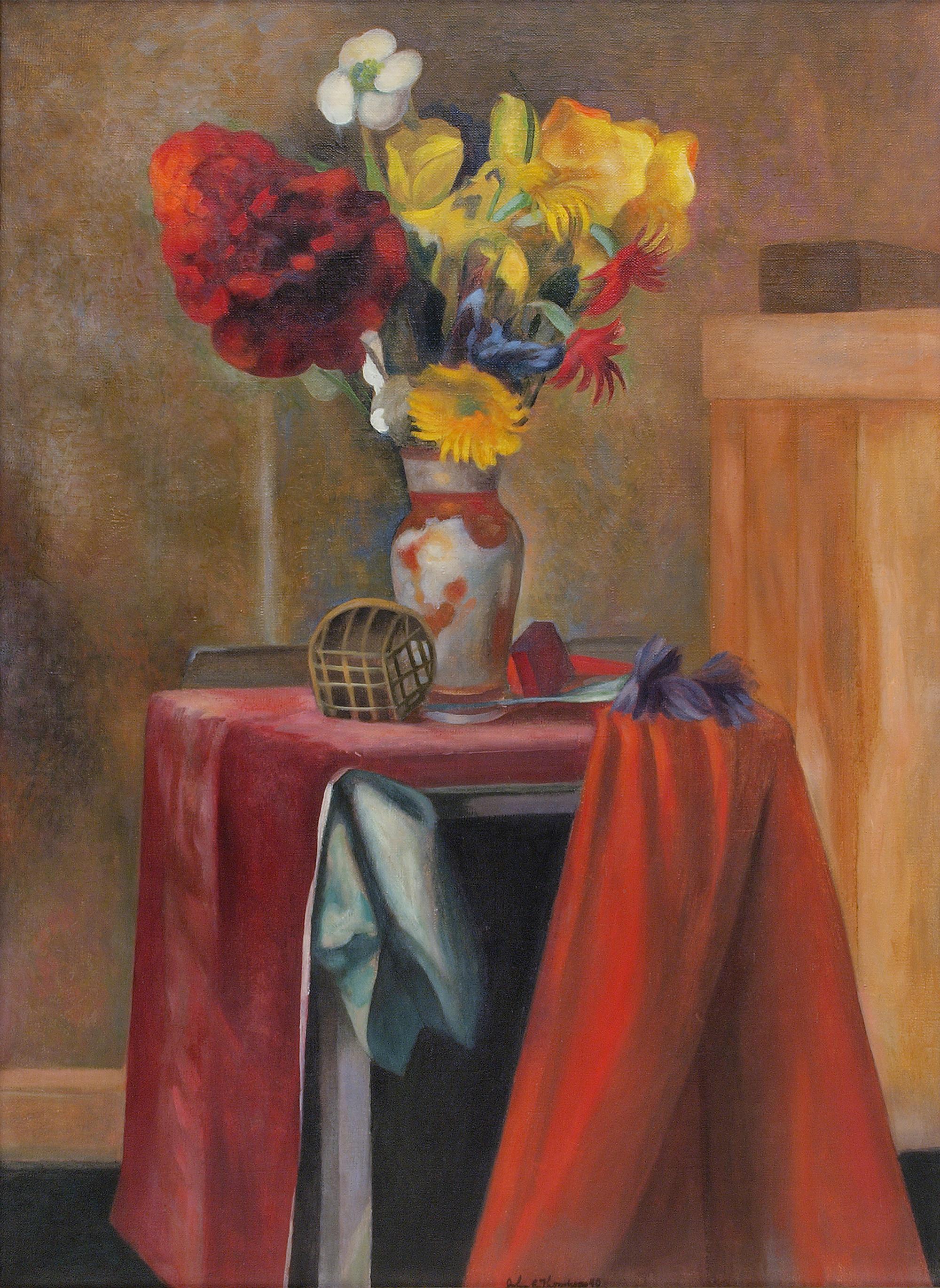 Vibrante nature morte florale moderniste de 1940, peinture à l'huile de John Thompson en vente 3