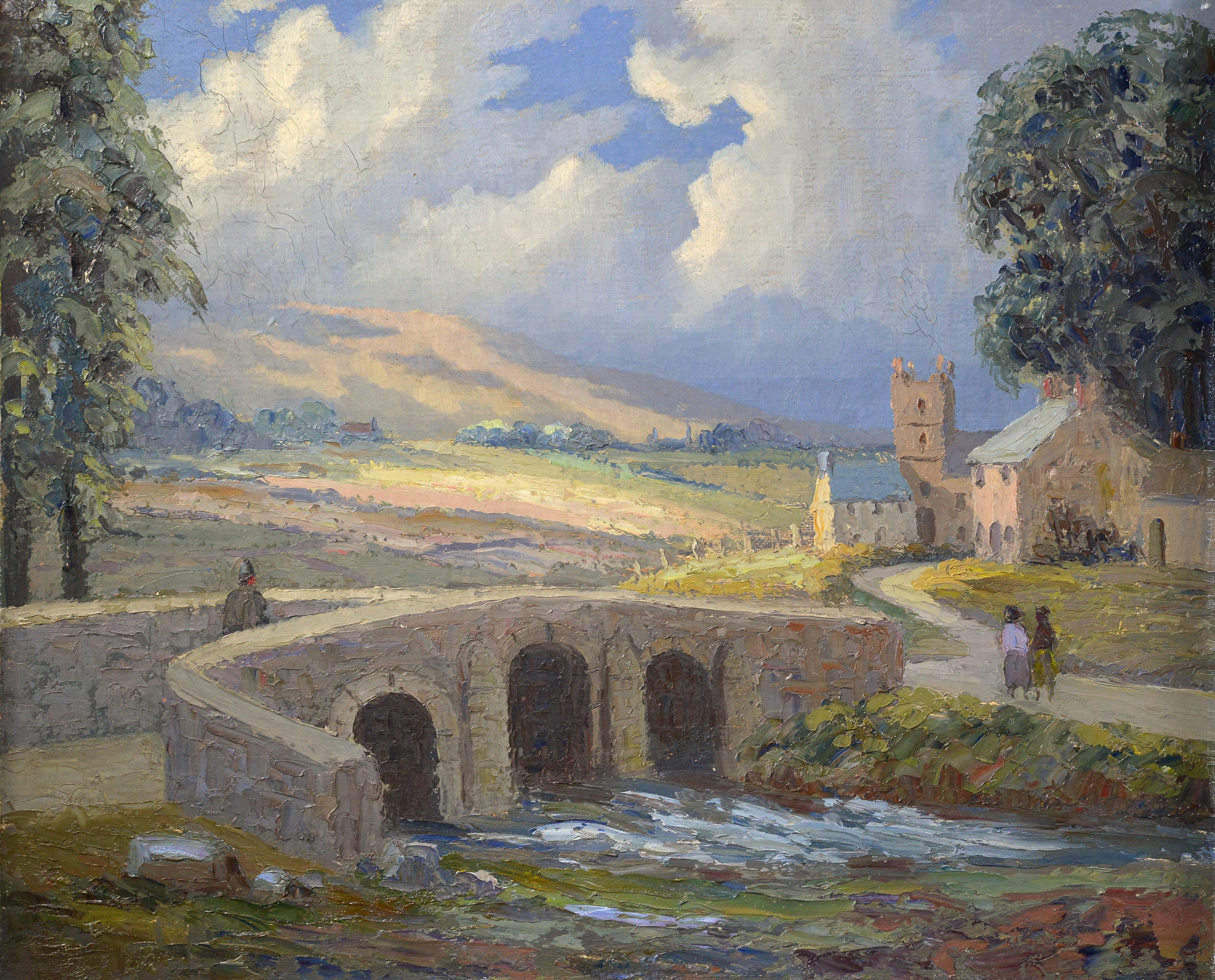 Vintage 1956 British Impressionist Landscape Oil Painting Stone Bridge River (peinture à l'huile impressionniste avec pont en pierre) - Marron Landscape Painting par John Edwards
