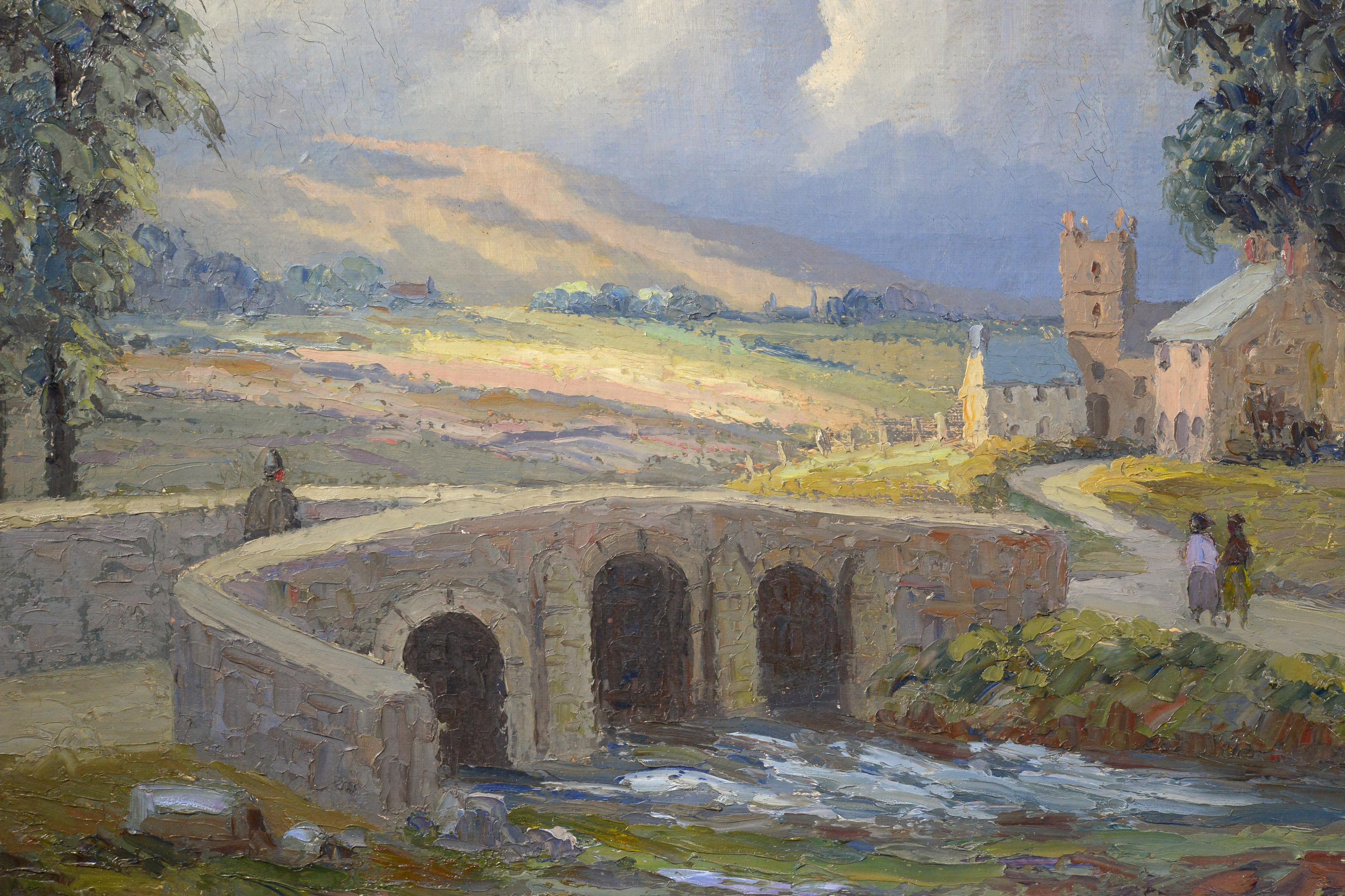 Vintage 1956 British Impressionist Landscape Oil Painting Stone Bridge River (peinture à l'huile impressionniste avec pont en pierre) en vente 2