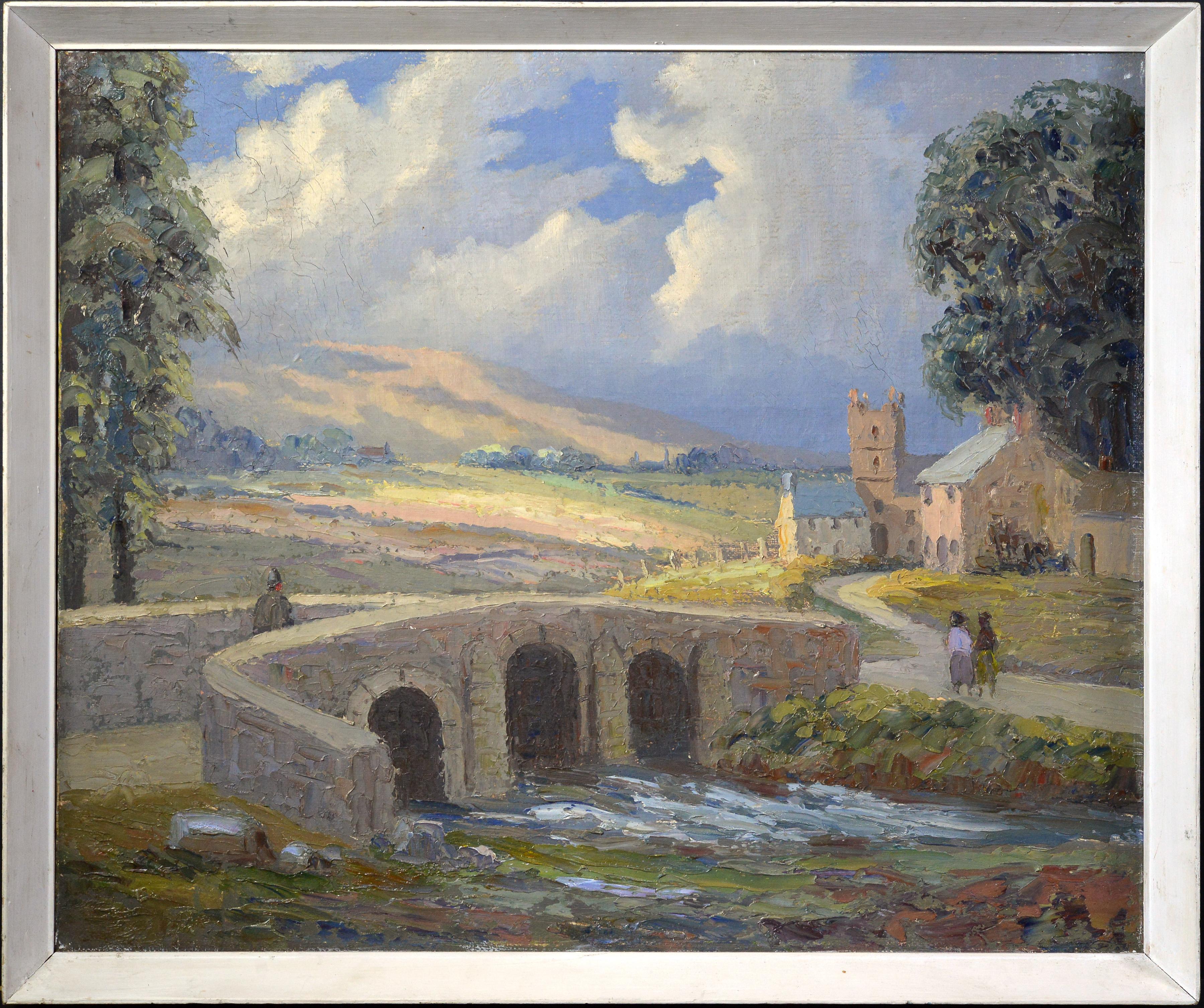 Landscape Painting John Edwards - Vintage 1956 British Impressionist Landscape Oil Painting Stone Bridge River (peinture à l'huile impressionniste avec pont en pierre)