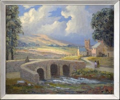Vintage 1956 British Impressionist Landscape Oil Painting Stone Bridge River (peinture à l'huile impressionniste avec pont en pierre)