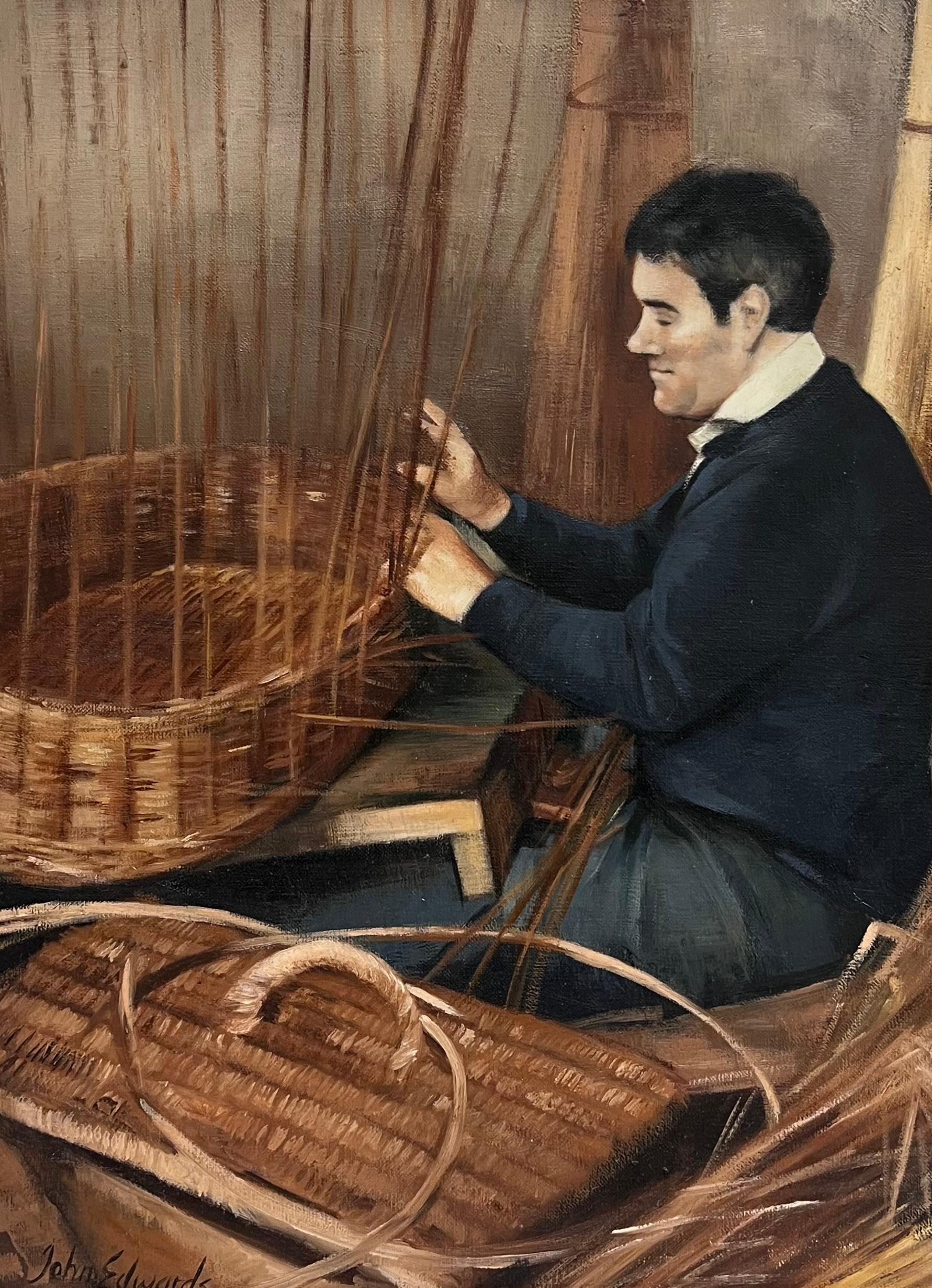 Die Korbflechterin Traditionelles englisches Landhandwerk Ölgemälde Porträt – Painting von John Edwards