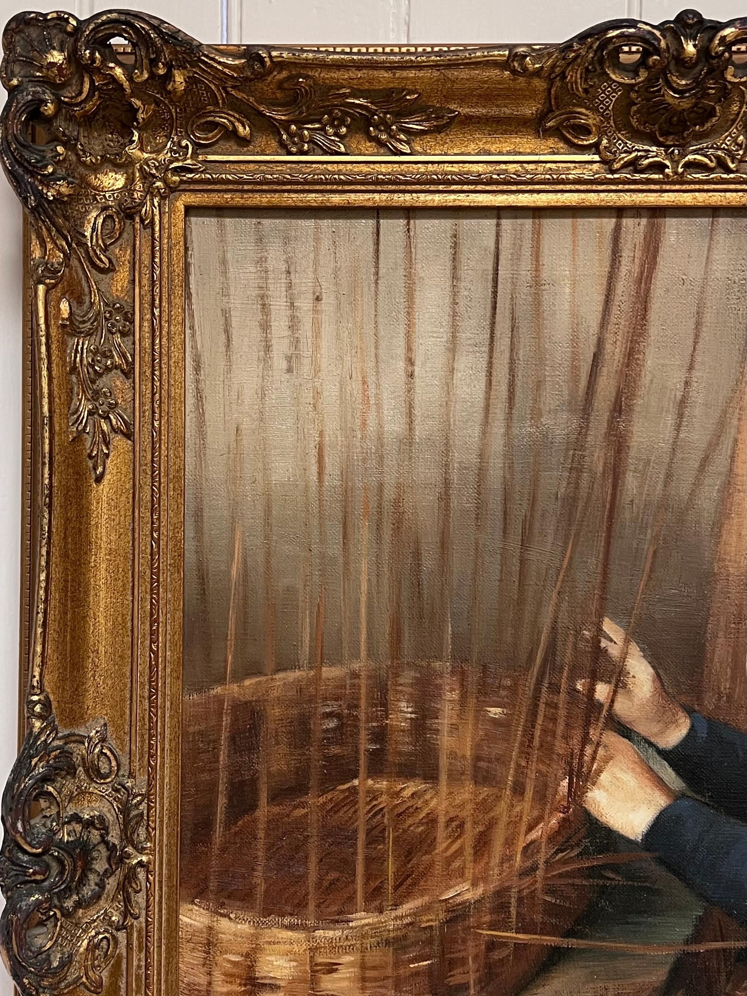 Die Korbflechterin Traditionelles englisches Landhandwerk Ölgemälde Porträt (Braun), Figurative Painting, von John Edwards