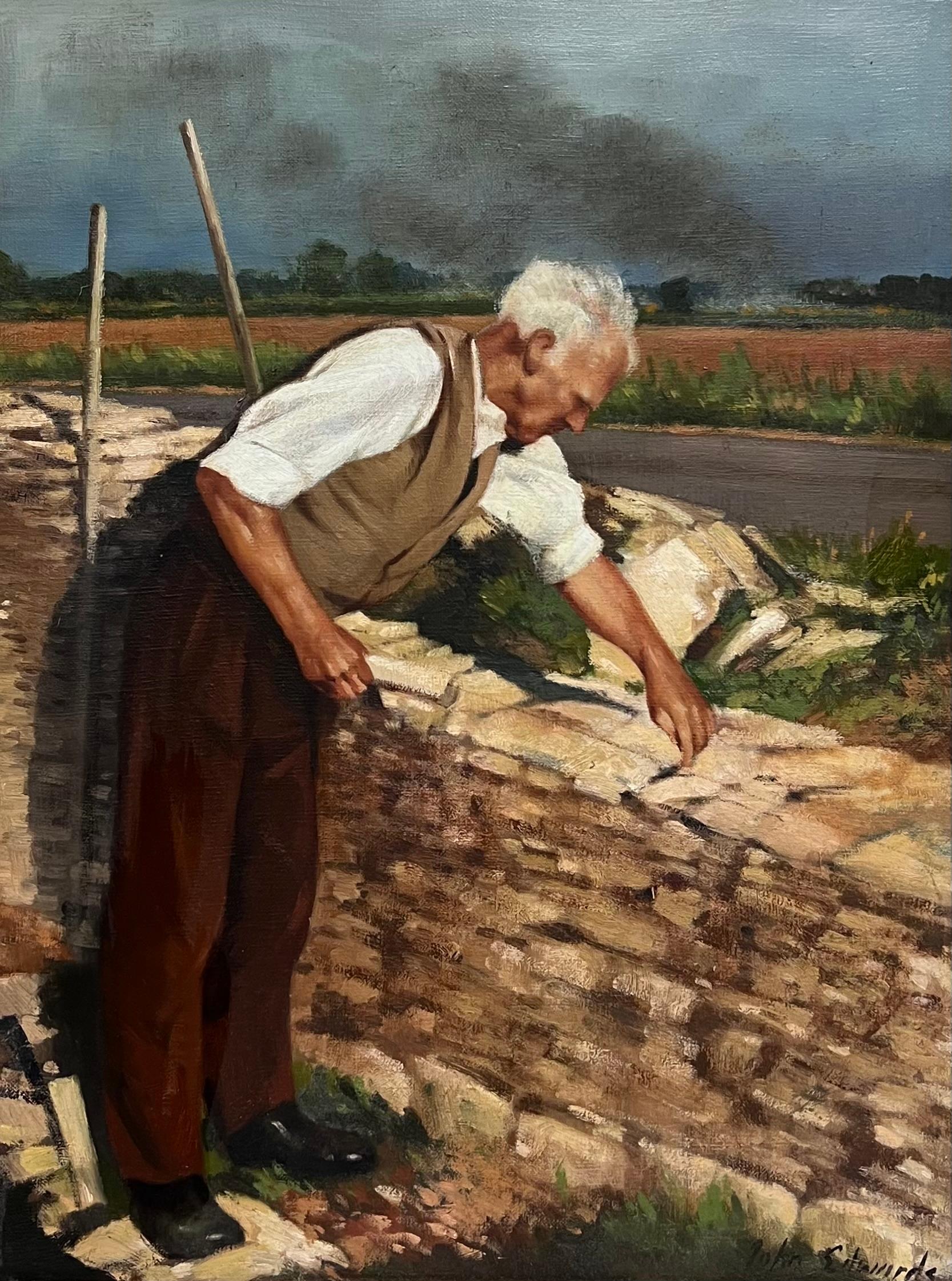 Die Cotswold Stone Wall Layer Traditionelles englisches Porträt Großes Ölgemälde (Schwarz), Figurative Painting, von John Edwards