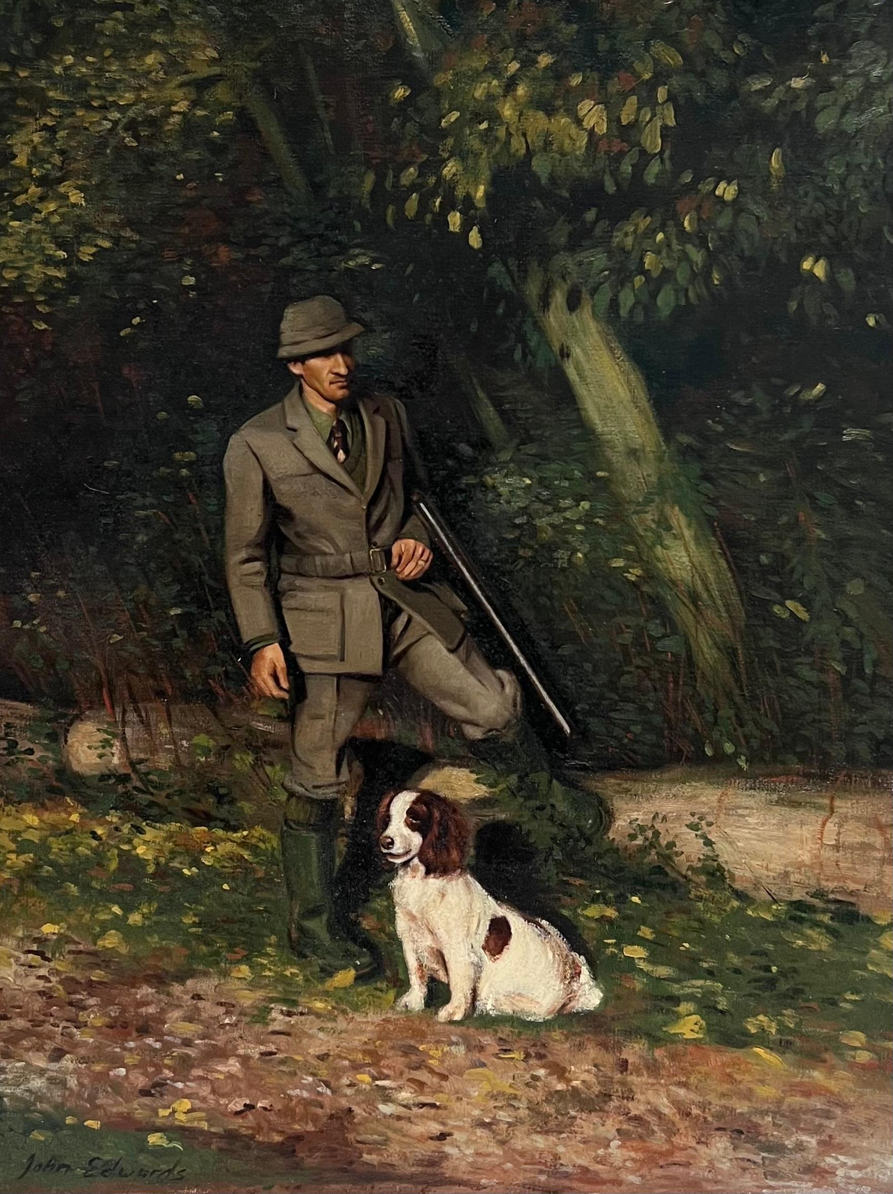 Der Wildhüter mit Spaniel Hund Traditionelles ländliches Leben Englisches Ölgemälde – Painting von John Edwards