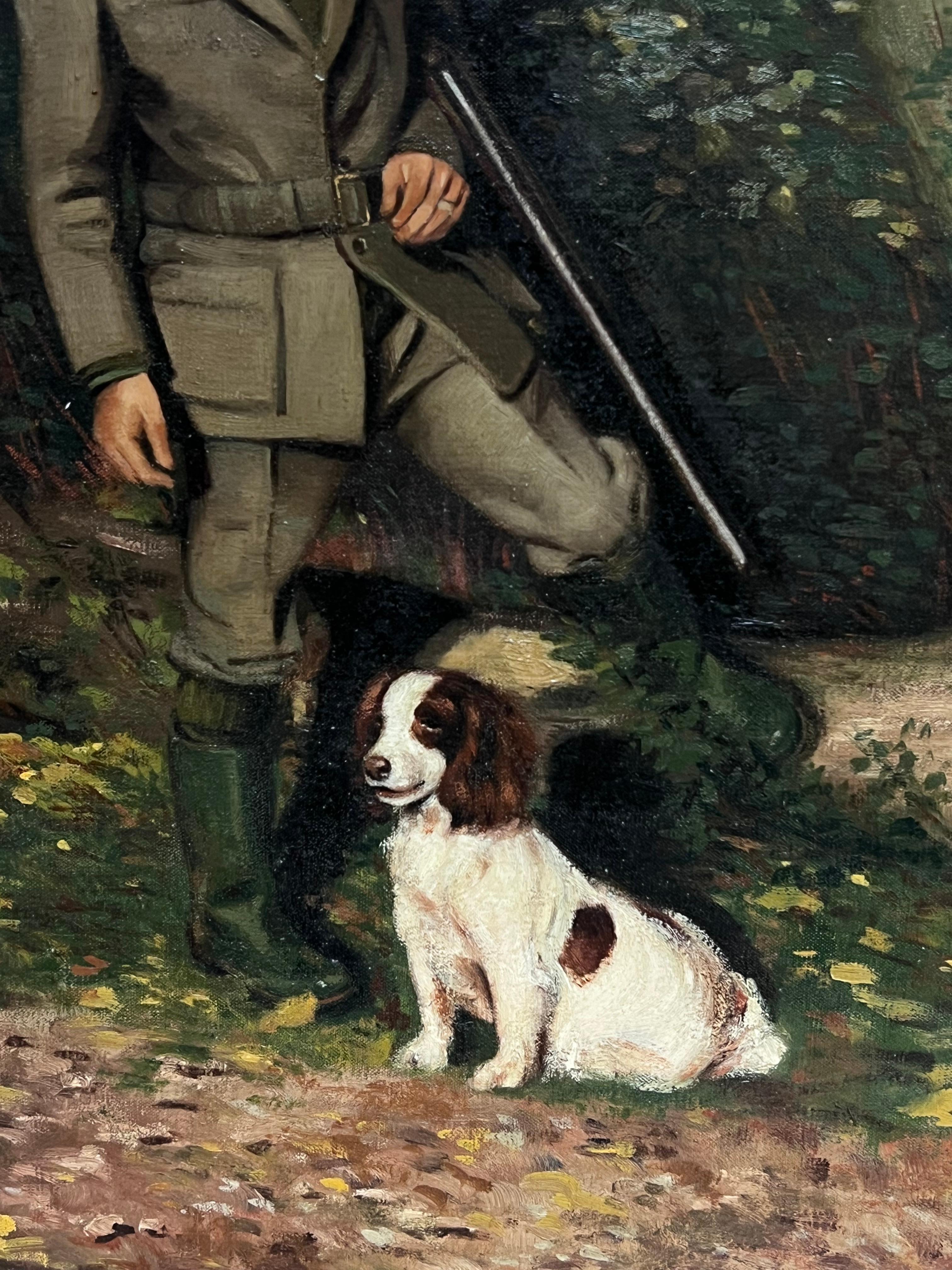 Der Wildhüter mit Spaniel Hund Traditionelles ländliches Leben Englisches Ölgemälde (Schwarz), Portrait Painting, von John Edwards