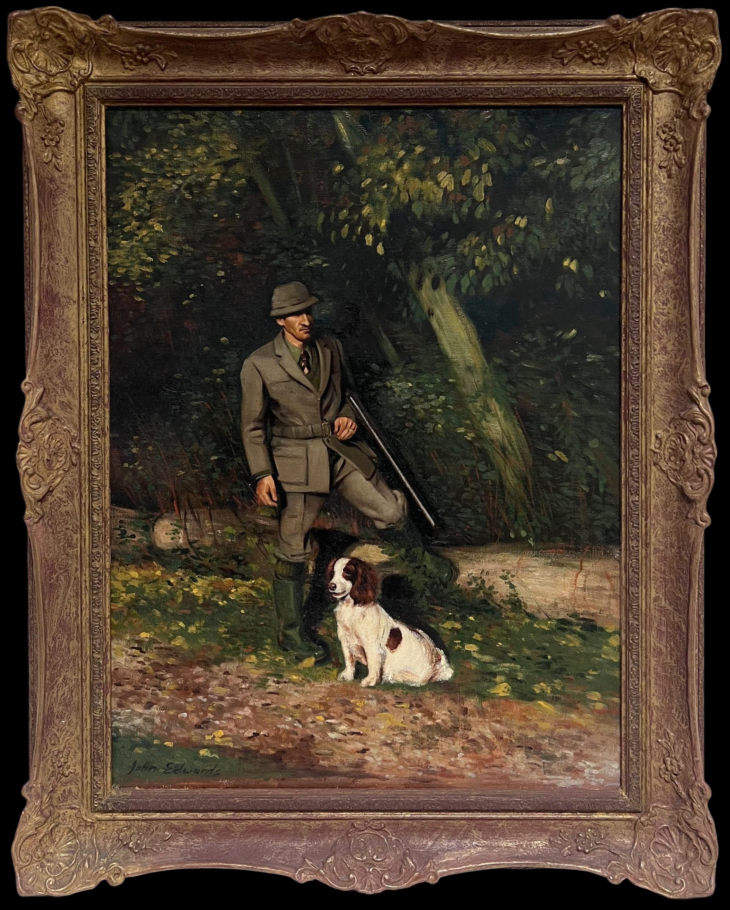 Der Wildhüter mit Spaniel Hund Traditionelles ländliches Leben Englisches Ölgemälde