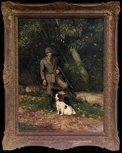 The Game Keeper with Spaniel Dog Traditional Rural Life English Oil Painting