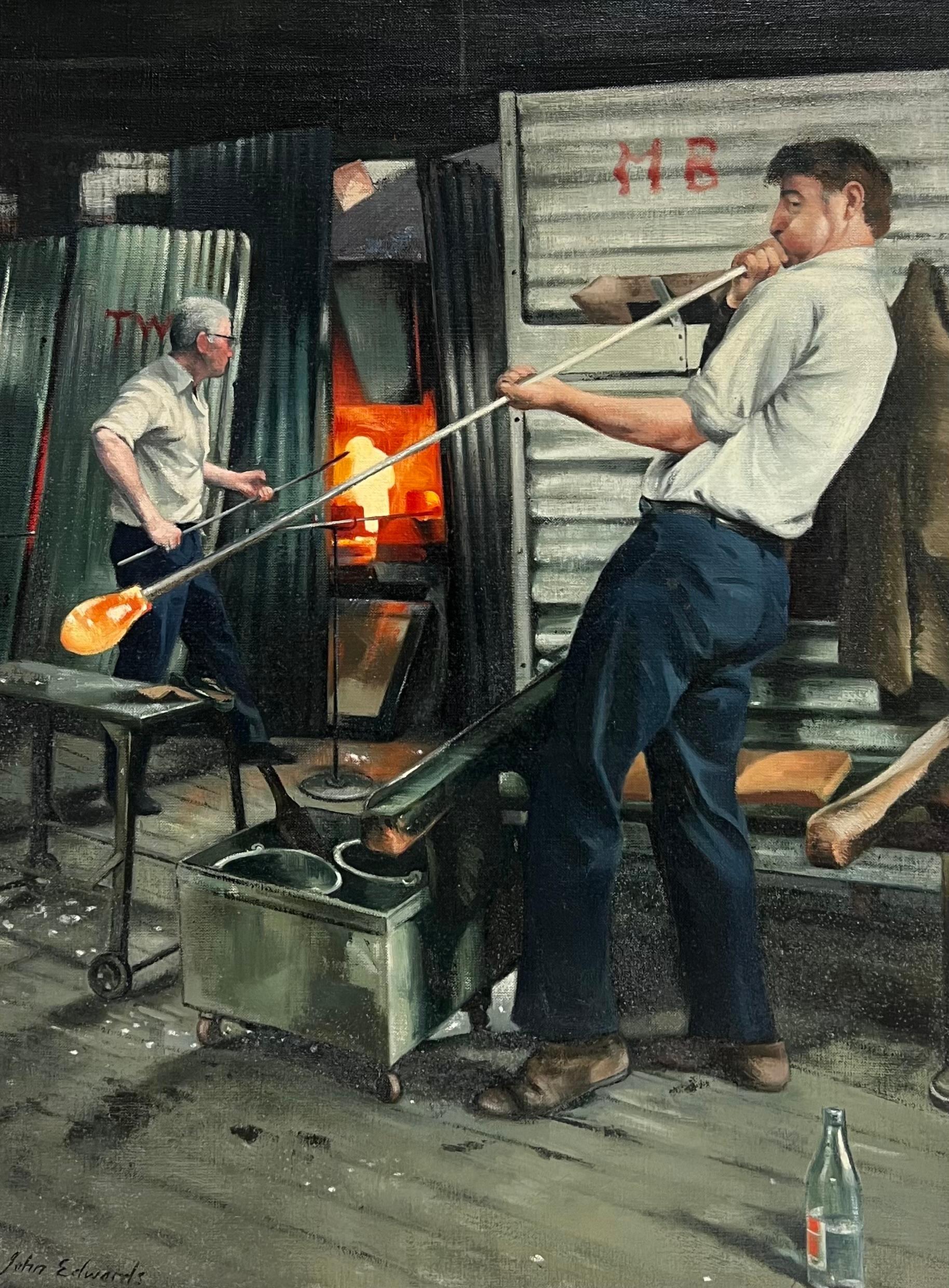 Der Glasbläser Traditionelles englisches Landhandwerk Porträt Ölgemälde – Painting von John Edwards