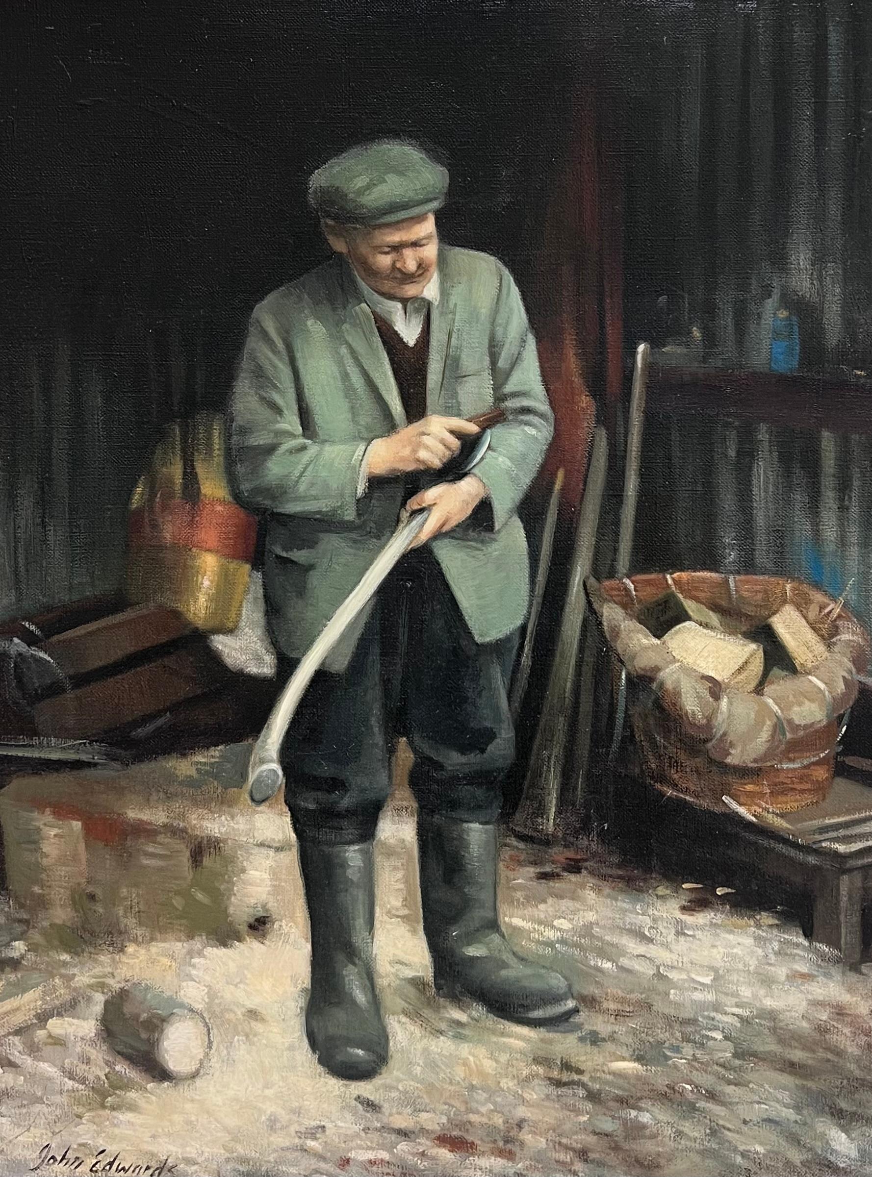 Der Holzfäller Traditionelles englisches Landleben Porträtgemälde Signiert Öl – Painting von John Edwards