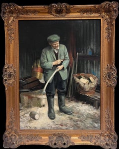 The Log Cutter Traditional English Rural Life Portrait Painting Signed Oil
