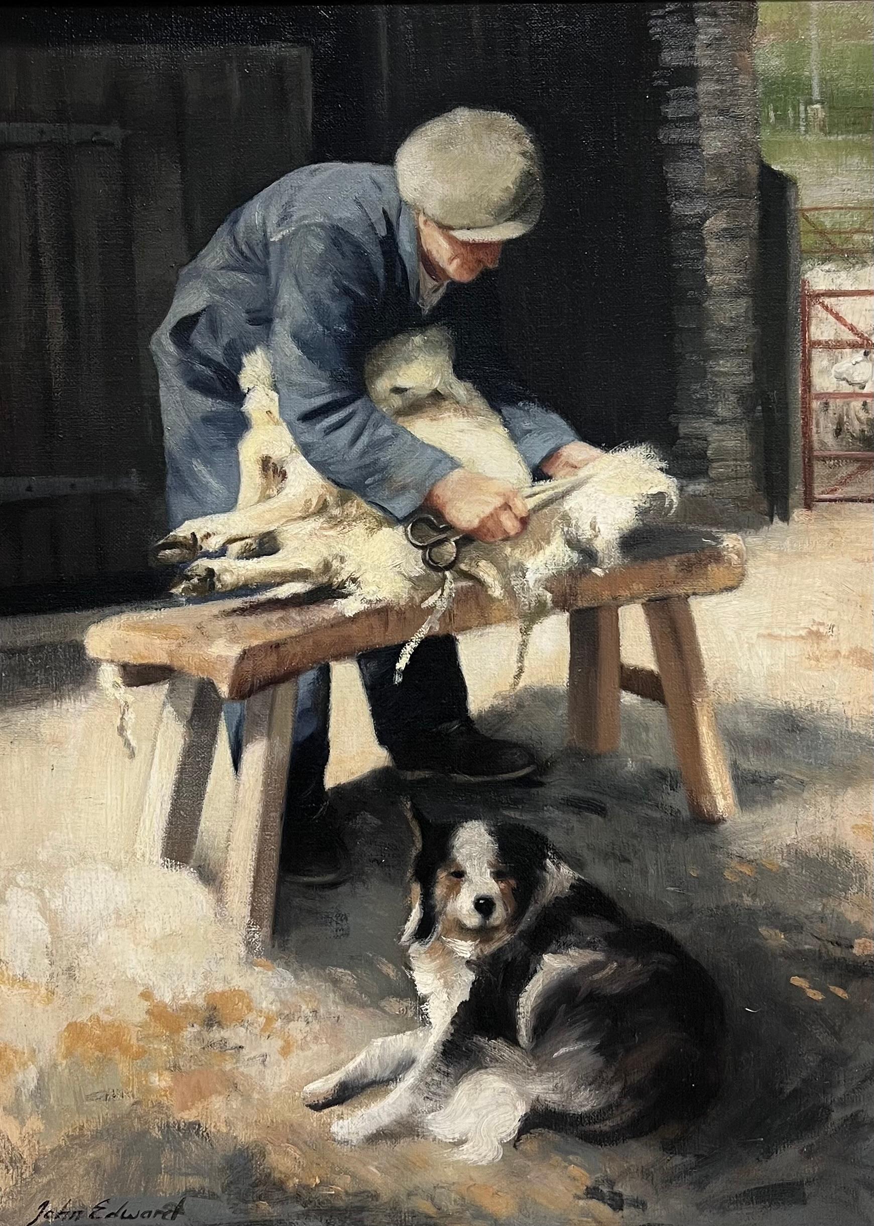 Der Schafscherer Schäfer mit Border Collie Hund Traditionelles ländliches Portrait Öl – Painting von John Edwards