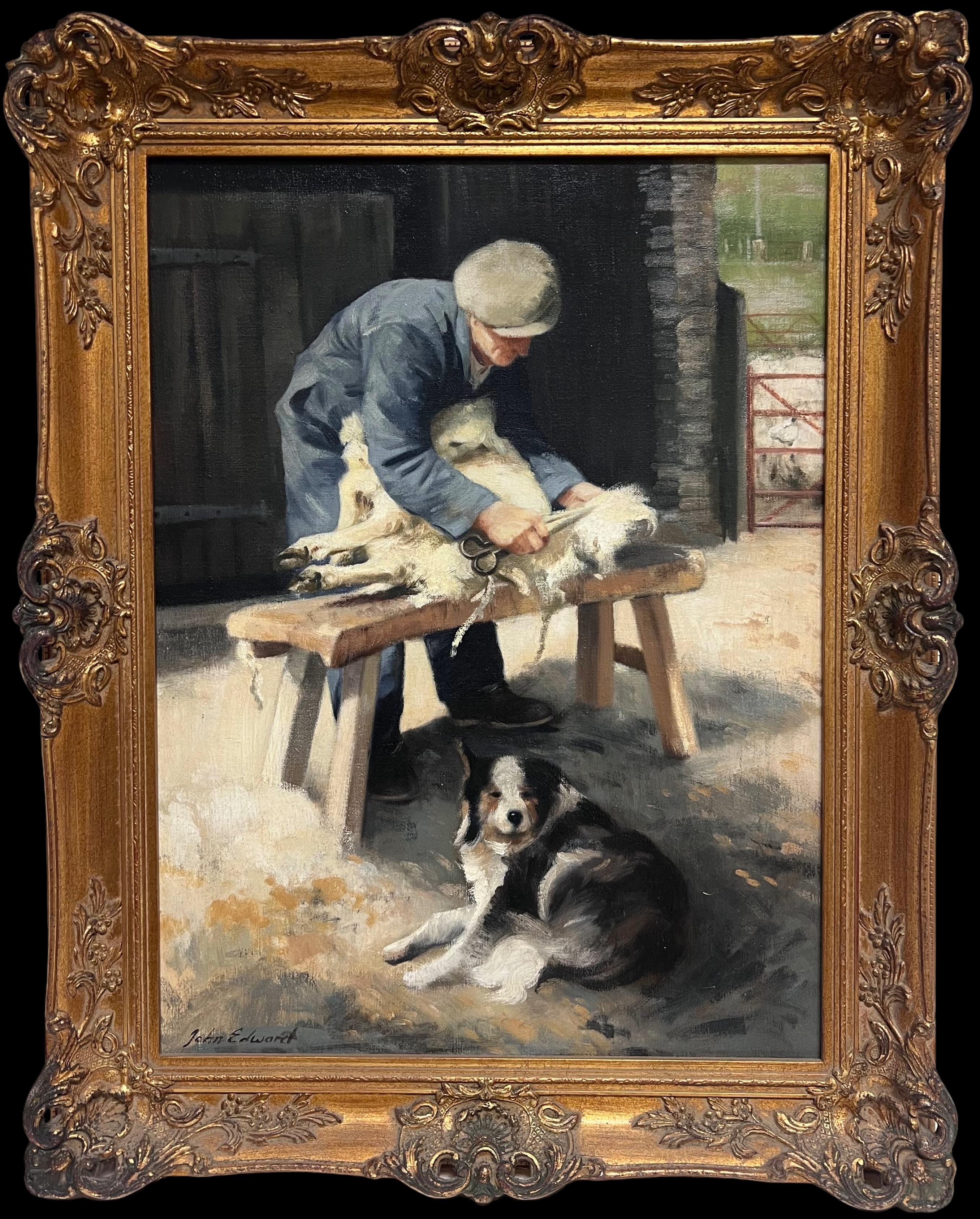 Der Schafscherer Schäfer mit Border Collie Hund Traditionelles ländliches Portrait Öl