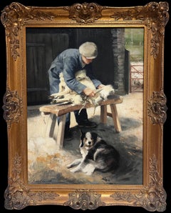 The Sheep Shearer Shepherd with Border Collie Dog Traditional Rural Portrait Oil