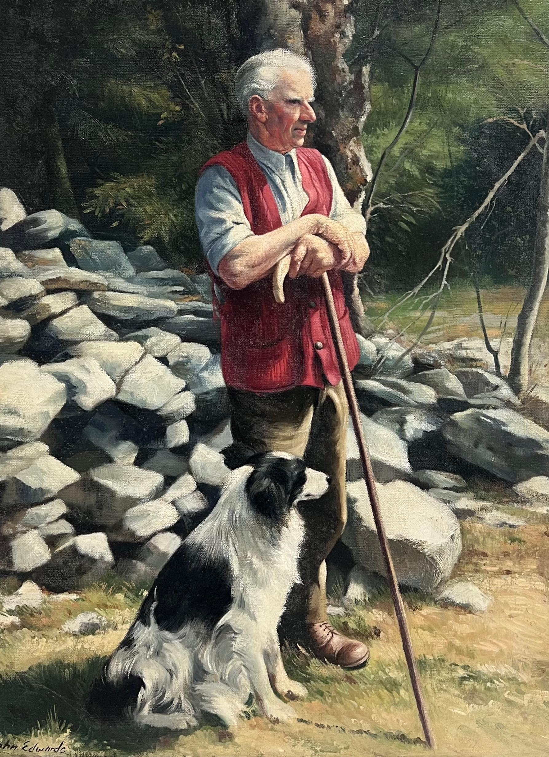 Der Schäferhund mit Border Collie Hund Traditionelles ländliches englisches Leben Ölporträt – Painting von John Edwards