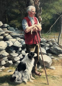 The Shepherd with Border Collie Dog Traditional Rural English Life Oil Portrait