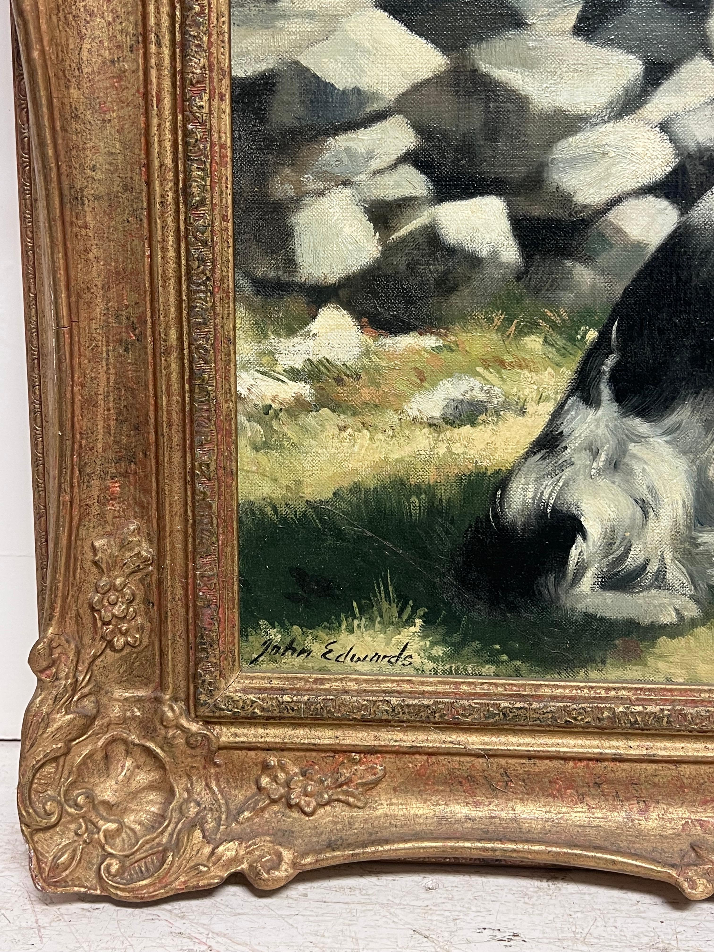 Der Schäferhund mit Border Collie Hund Traditionelles ländliches englisches Leben Ölporträt (Schwarz), Portrait Painting, von John Edwards