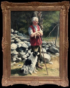 The Shepherd with Border Collie Dog Traditional Rural English Life Oil Portrait