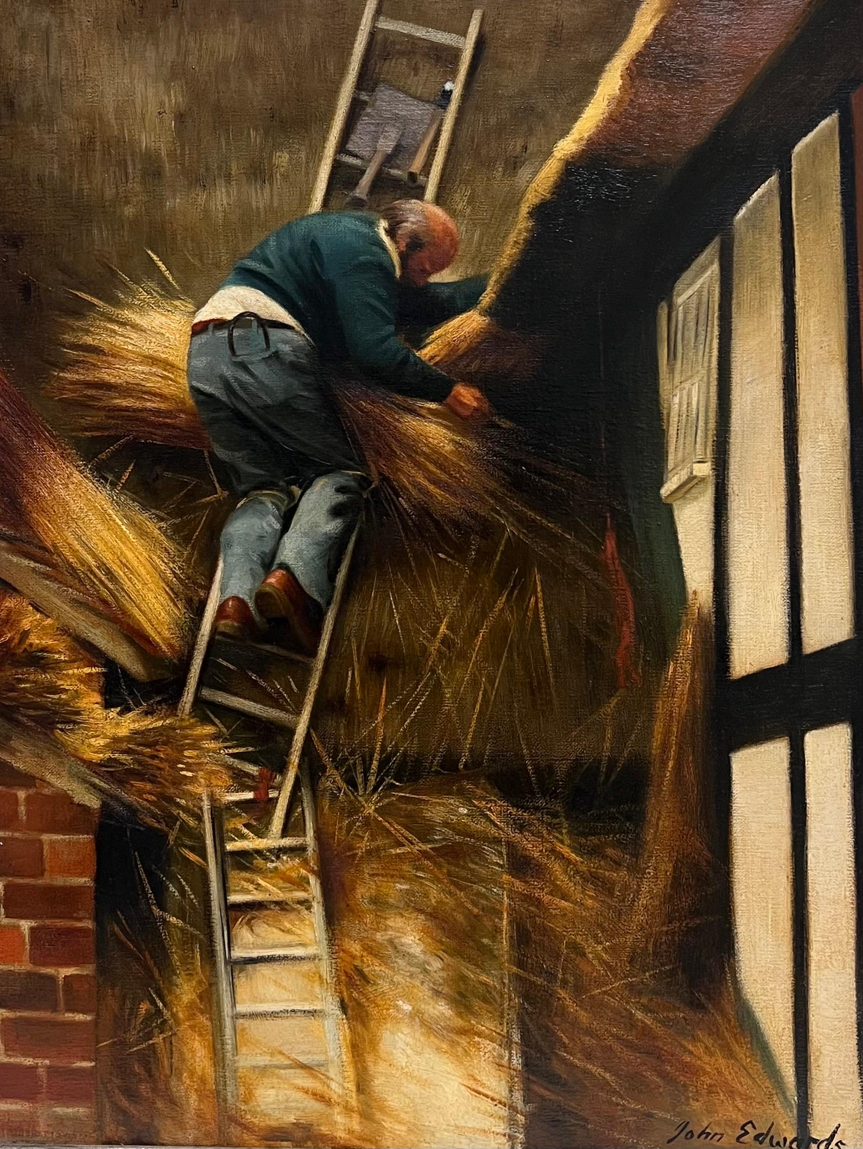 Der Thatcher Traditionelles englisches Landhandwerk Ölgemälde Portrait Strohdachdecker – Painting von John Edwards