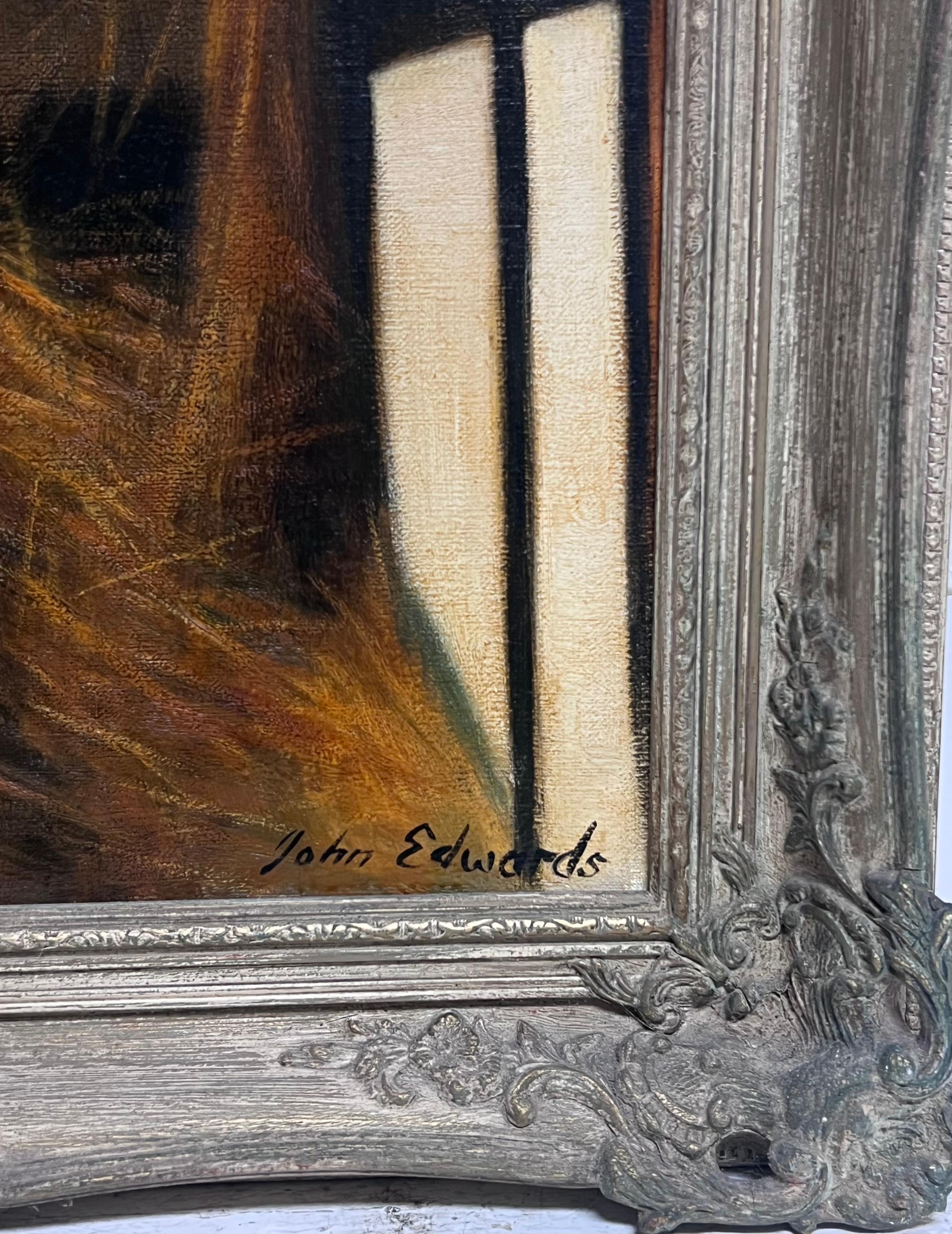 Der Thatcher Traditionelles englisches Landhandwerk Ölgemälde Portrait Strohdachdecker (Schwarz), Figurative Painting, von John Edwards