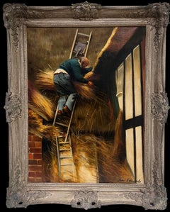 The Thatcher Traditional English Rural Crafts Oil Painting Portrait Straw Roofer
