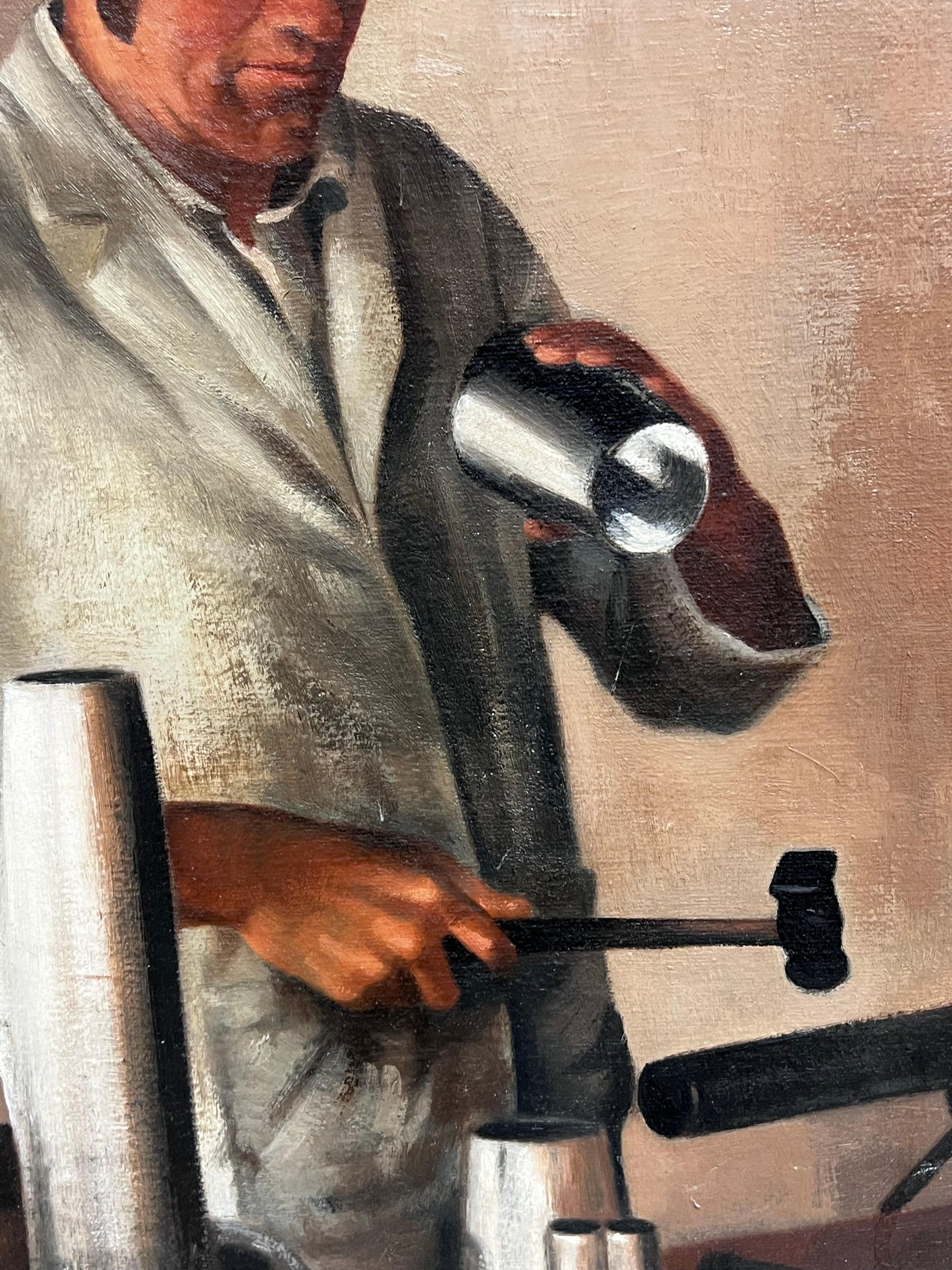 Traditionelles englisches Ölgemälde mit der Darstellung eines Metallarbeiters in seiner Werkstatt – Painting von John Edwards