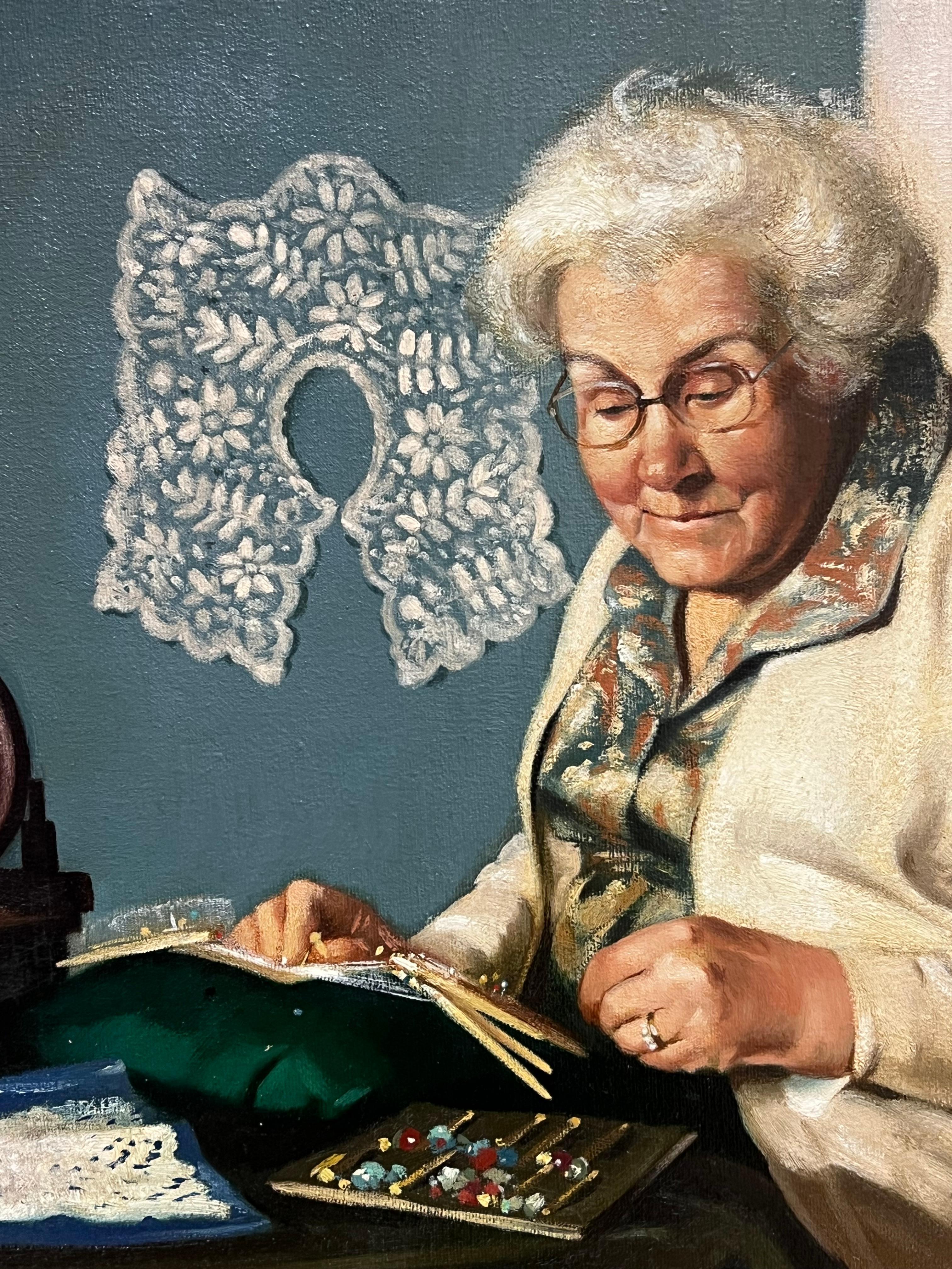 Peinture à l'huile traditionnelle anglaise Artisanat rural Portrait d'une femme avec des bobines de dentelle en vente 5