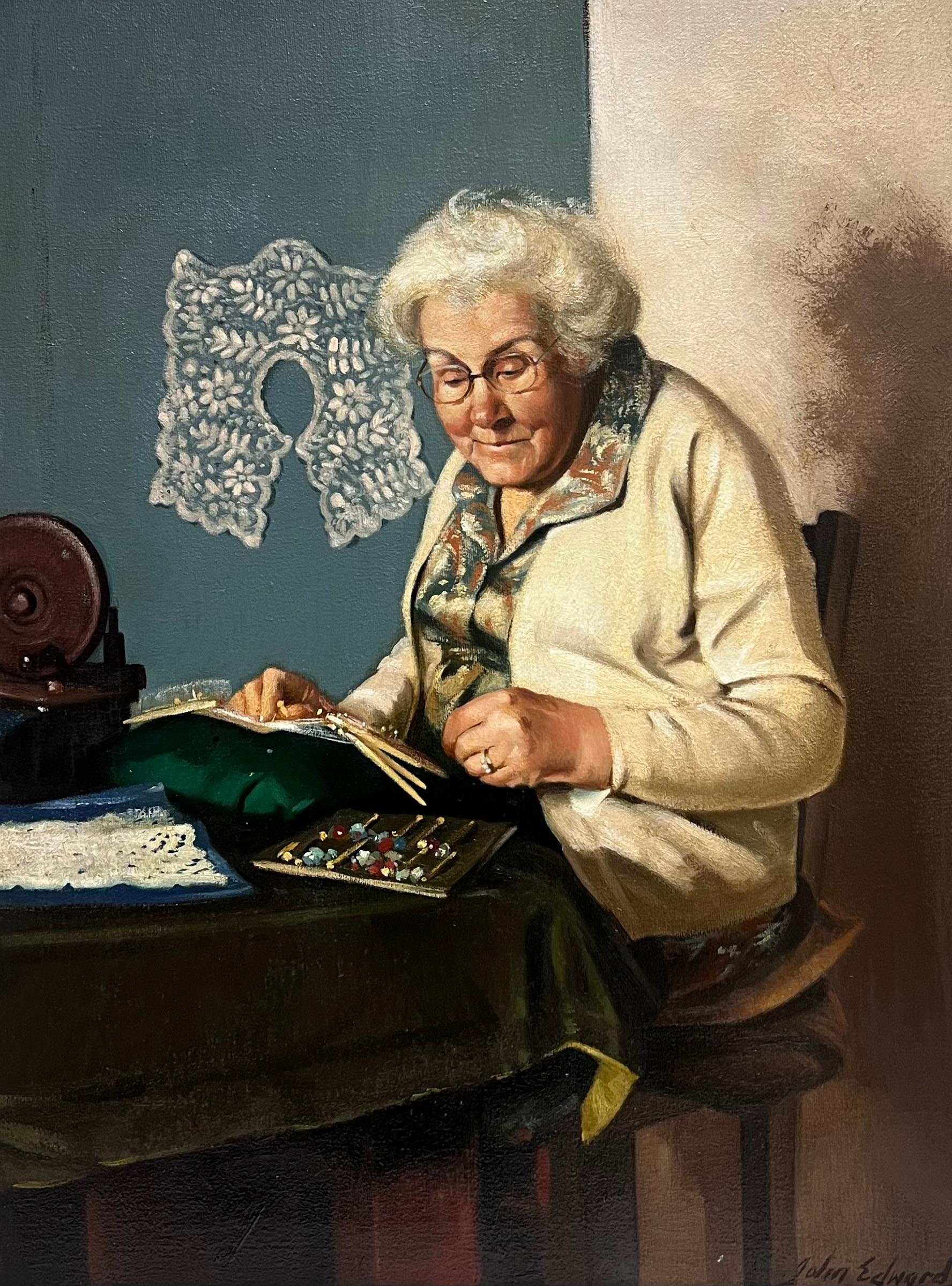 Peinture à l'huile traditionnelle anglaise Artisanat rural Portrait d'une femme avec des bobines de dentelle - Painting de John Edwards