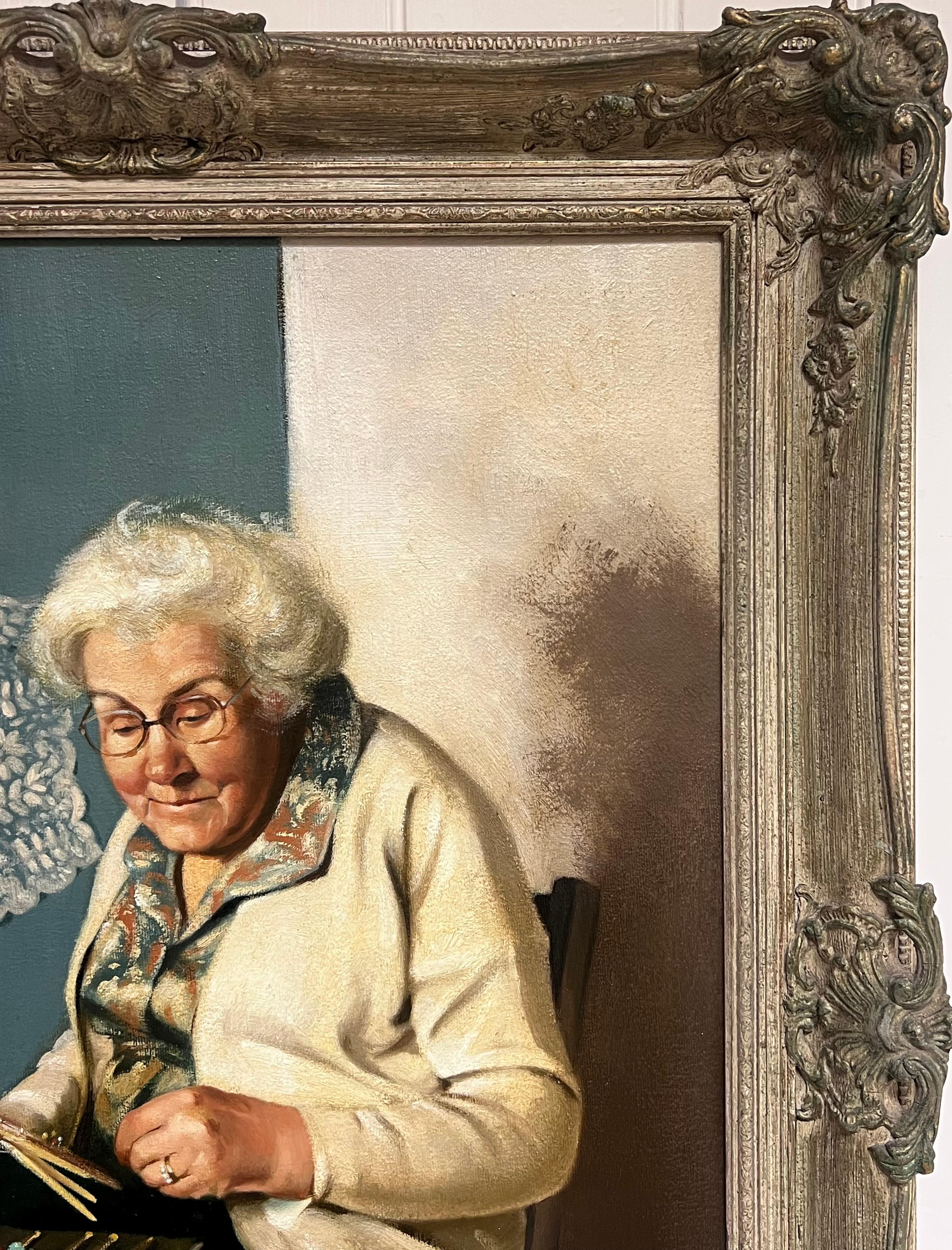 Peinture à l'huile traditionnelle anglaise Artisanat rural Portrait d'une femme avec des bobines de dentelle - Noir Portrait Painting par John Edwards