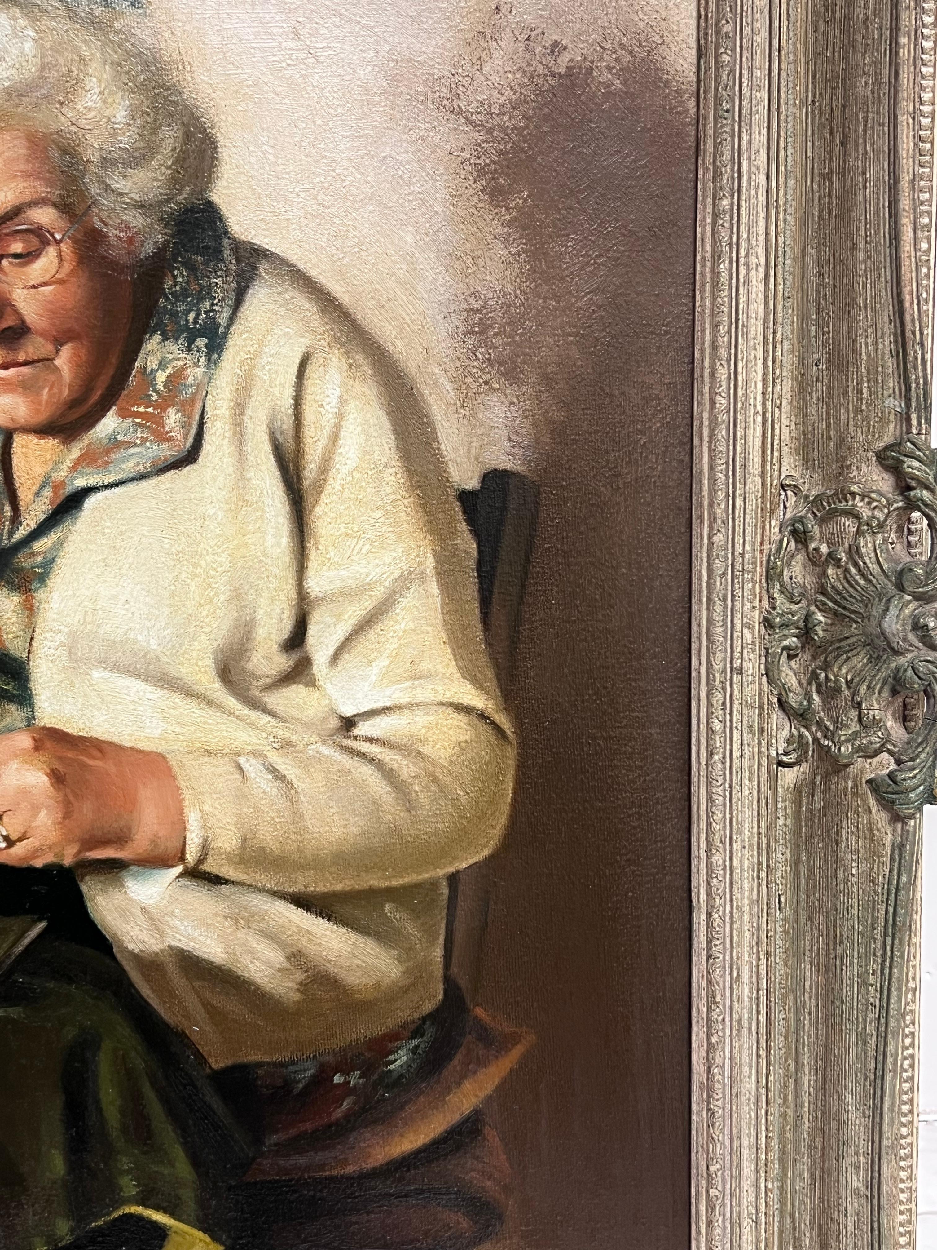 Peinture à l'huile traditionnelle anglaise Artisanat rural Portrait d'une femme avec des bobines de dentelle en vente 1