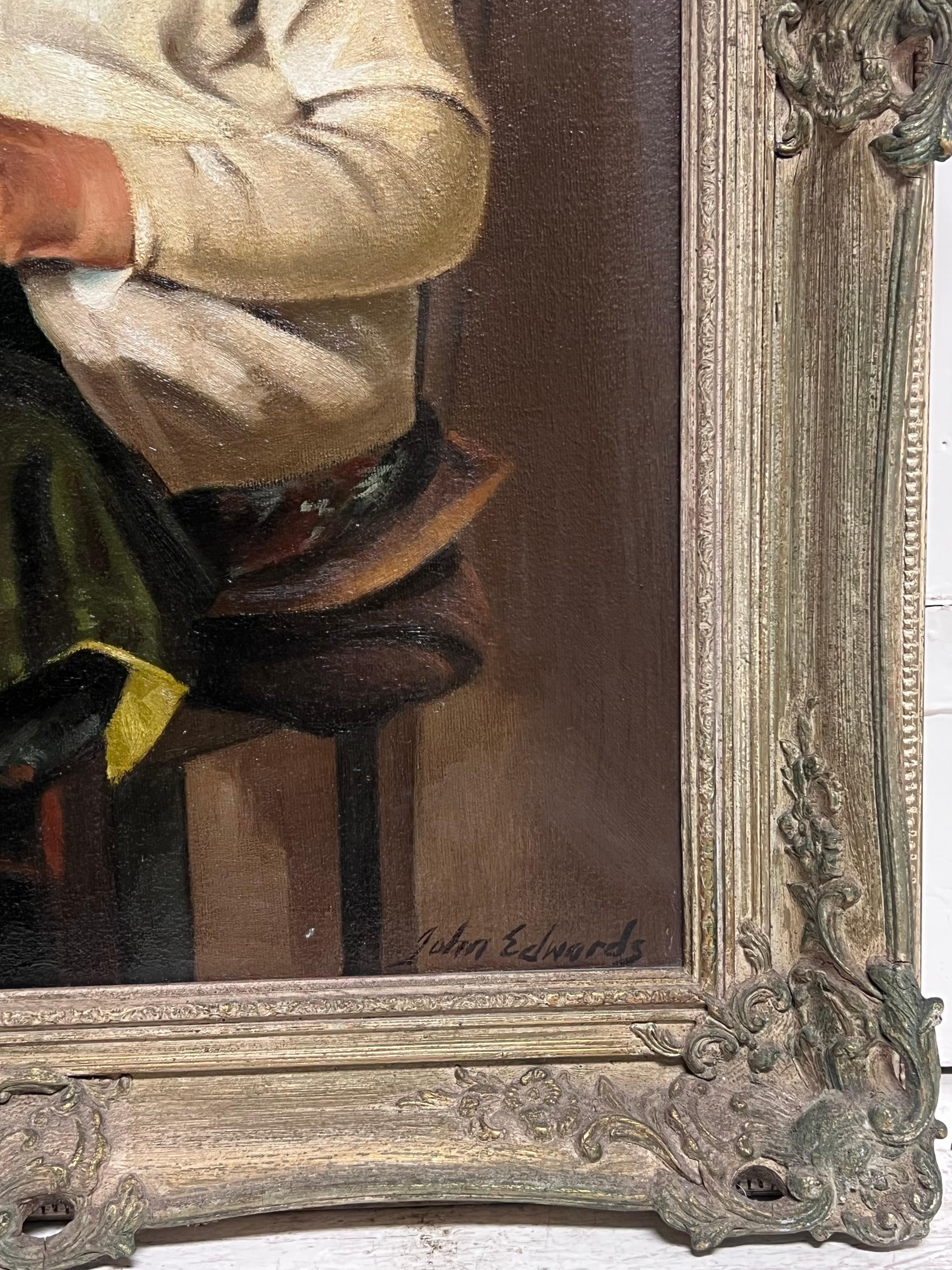 Peinture à l'huile traditionnelle anglaise Artisanat rural Portrait d'une femme avec des bobines de dentelle en vente 2