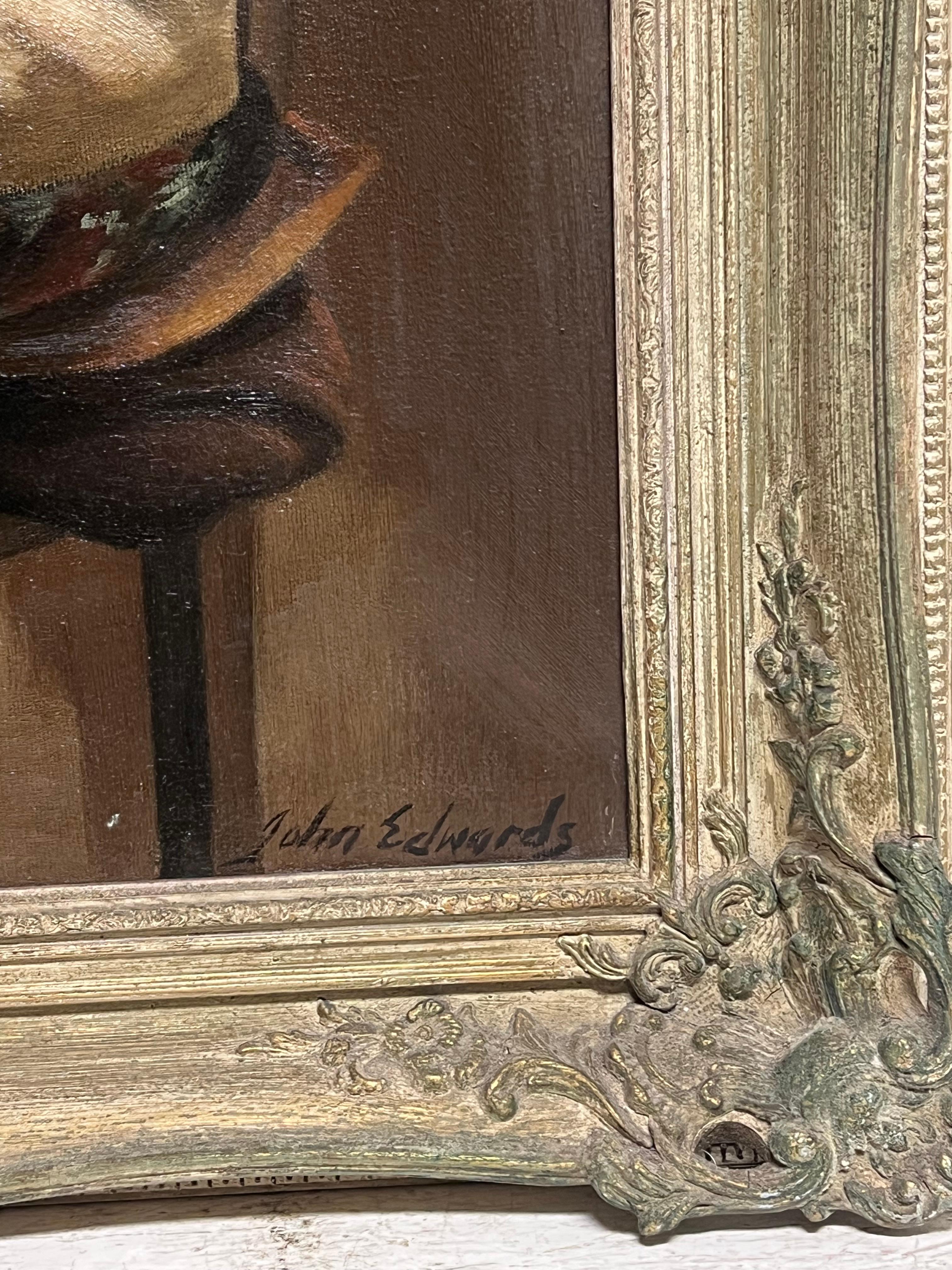 Peinture à l'huile traditionnelle anglaise Artisanat rural Portrait d'une femme avec des bobines de dentelle en vente 3