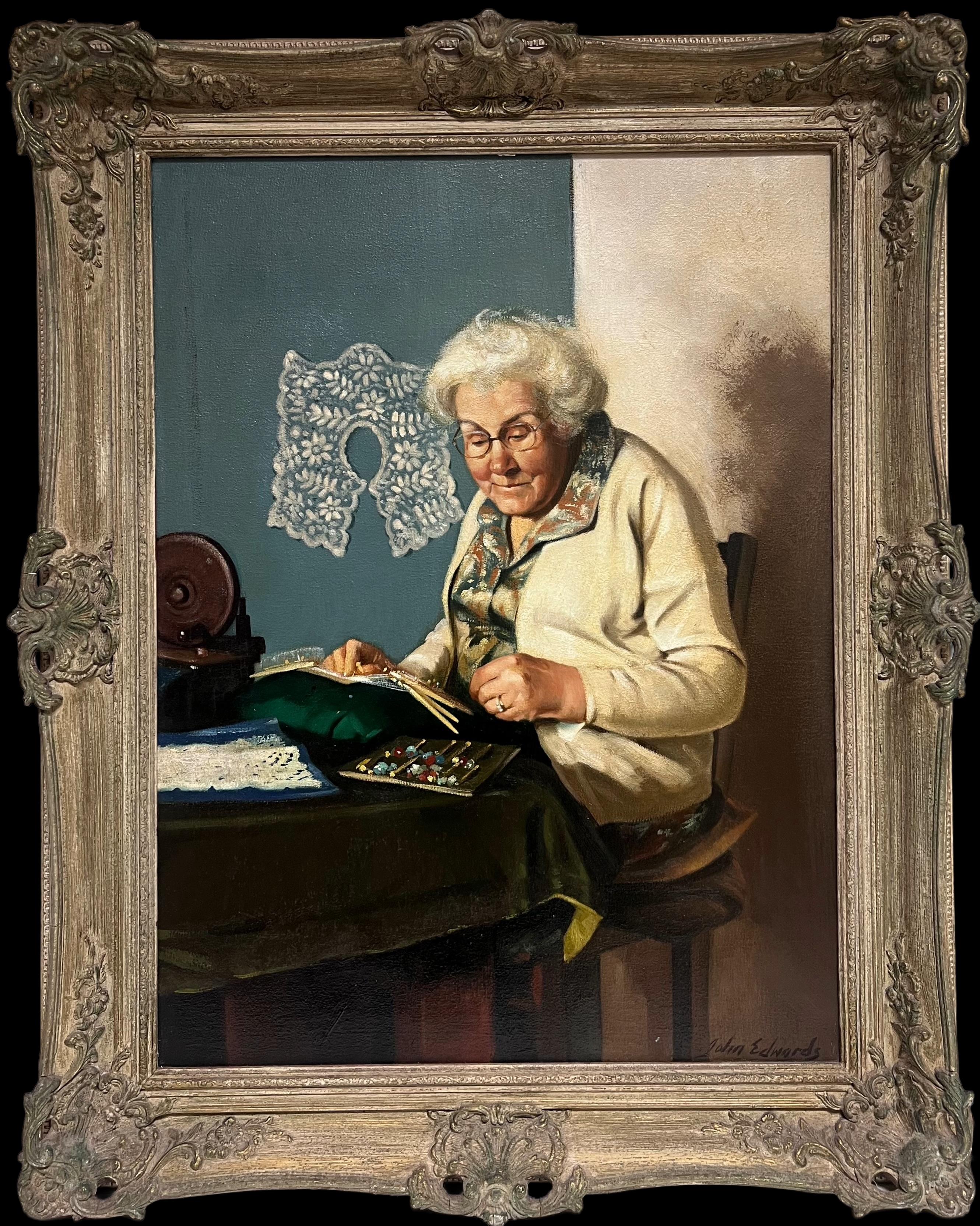 Portrait Painting John Edwards - Peinture à l'huile traditionnelle anglaise Artisanat rural Portrait d'une femme avec des bobines de dentelle
