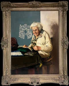 Pittura ad olio tradizionale inglese, artigianato rurale, ritratto di signora con merletti a tombolo