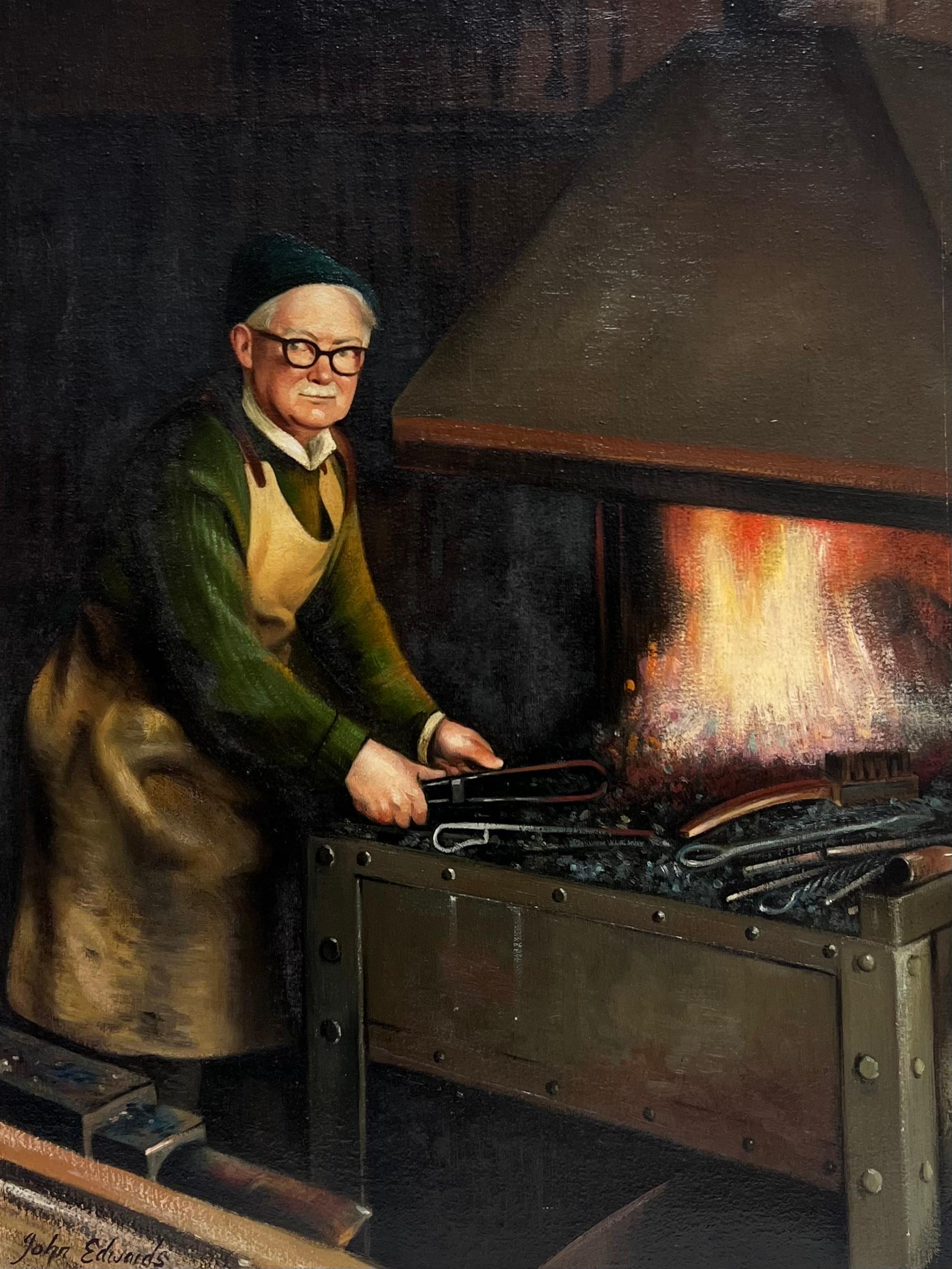 Peinture à l'huile traditionnelle anglaise Portrait d'un forgeron travaillant en milieu rural - Painting de John Edwards
