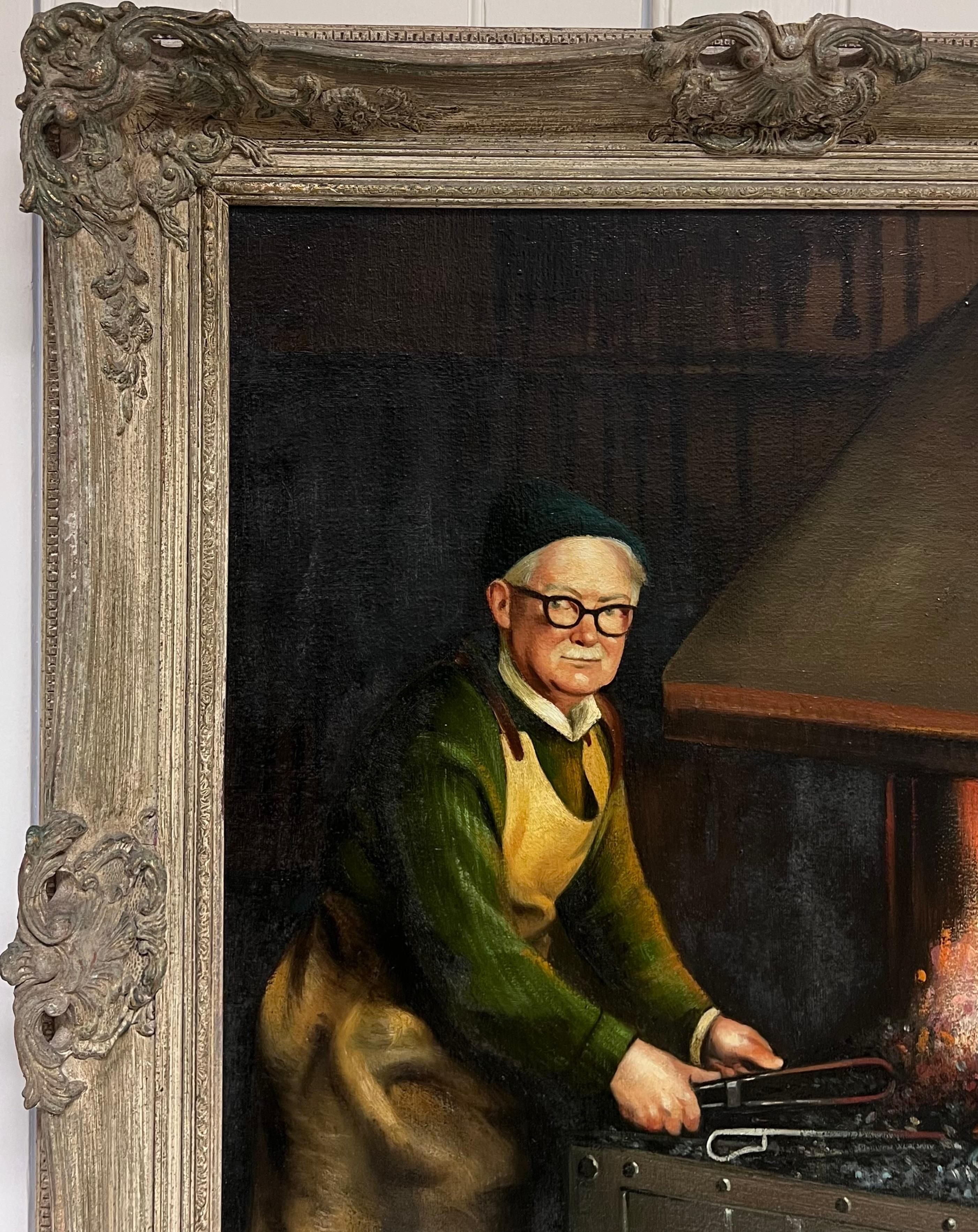Peinture à l'huile traditionnelle anglaise Portrait d'un forgeron travaillant en milieu rural - École anglaise Painting par John Edwards