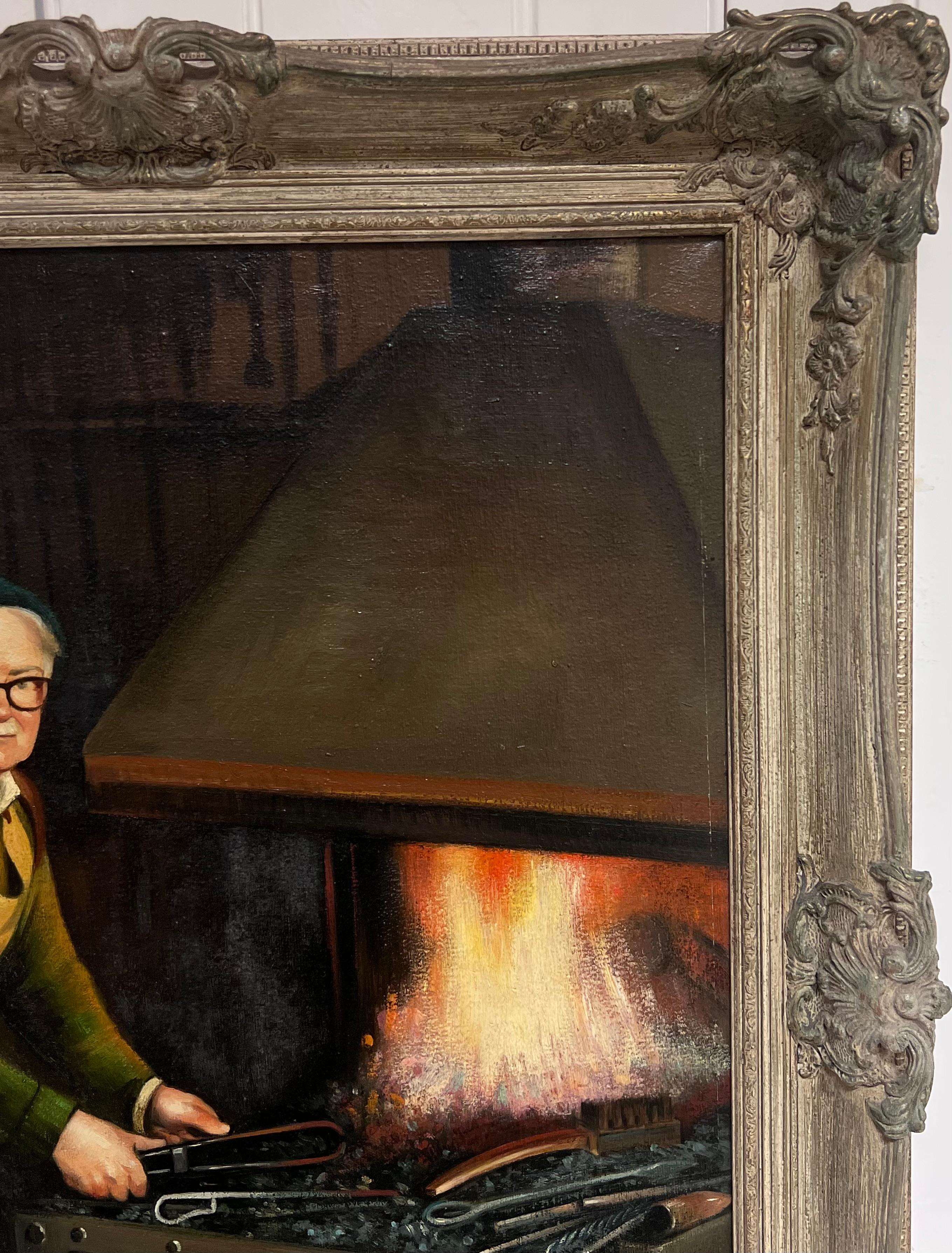 Peinture à l'huile traditionnelle anglaise Portrait d'un forgeron travaillant en milieu rural - Noir Portrait Painting par John Edwards