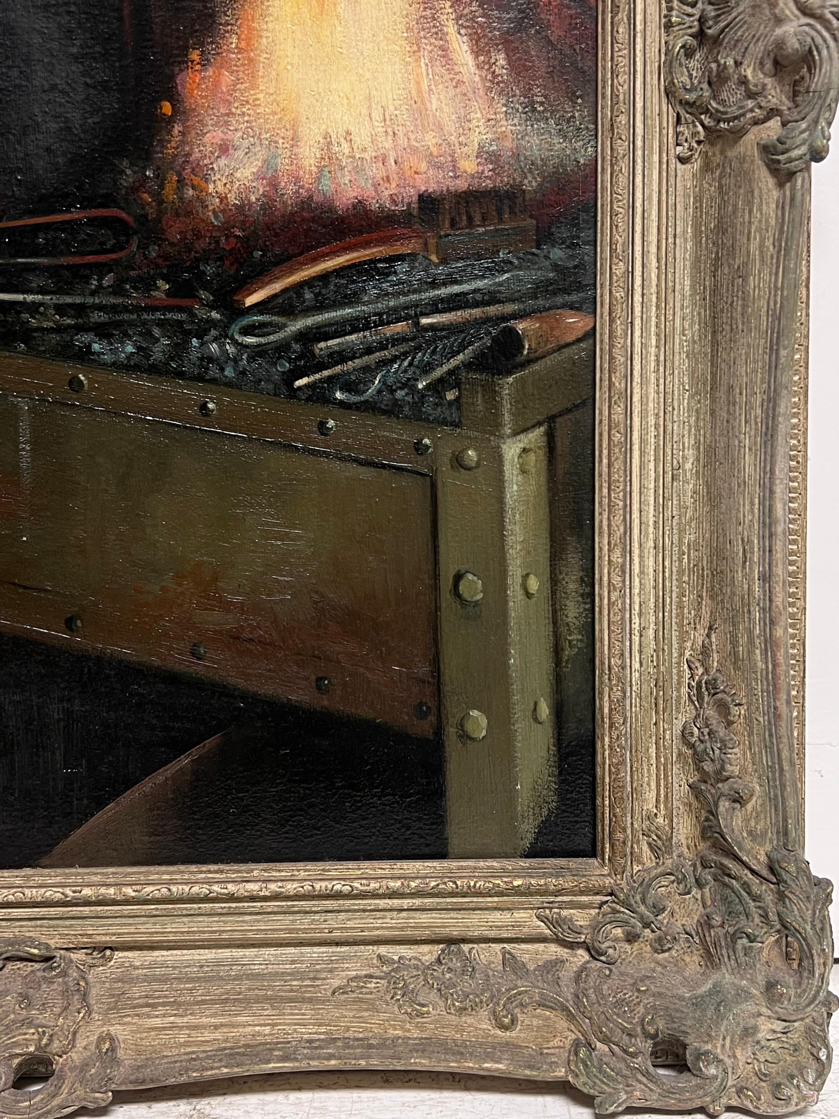 Peinture à l'huile traditionnelle anglaise Portrait d'un forgeron travaillant en milieu rural en vente 1