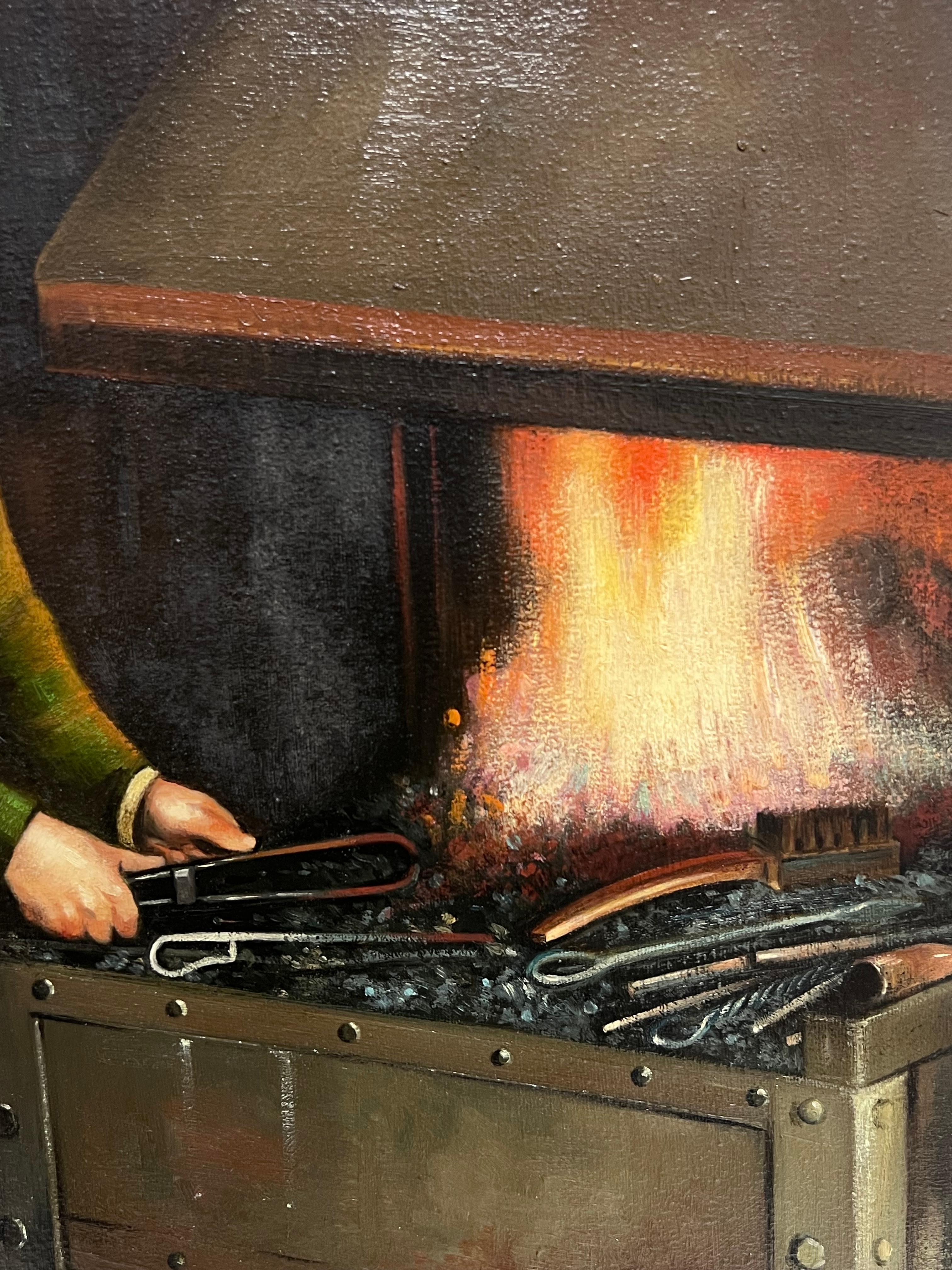 Peinture à l'huile traditionnelle anglaise Portrait d'un forgeron travaillant en milieu rural en vente 2