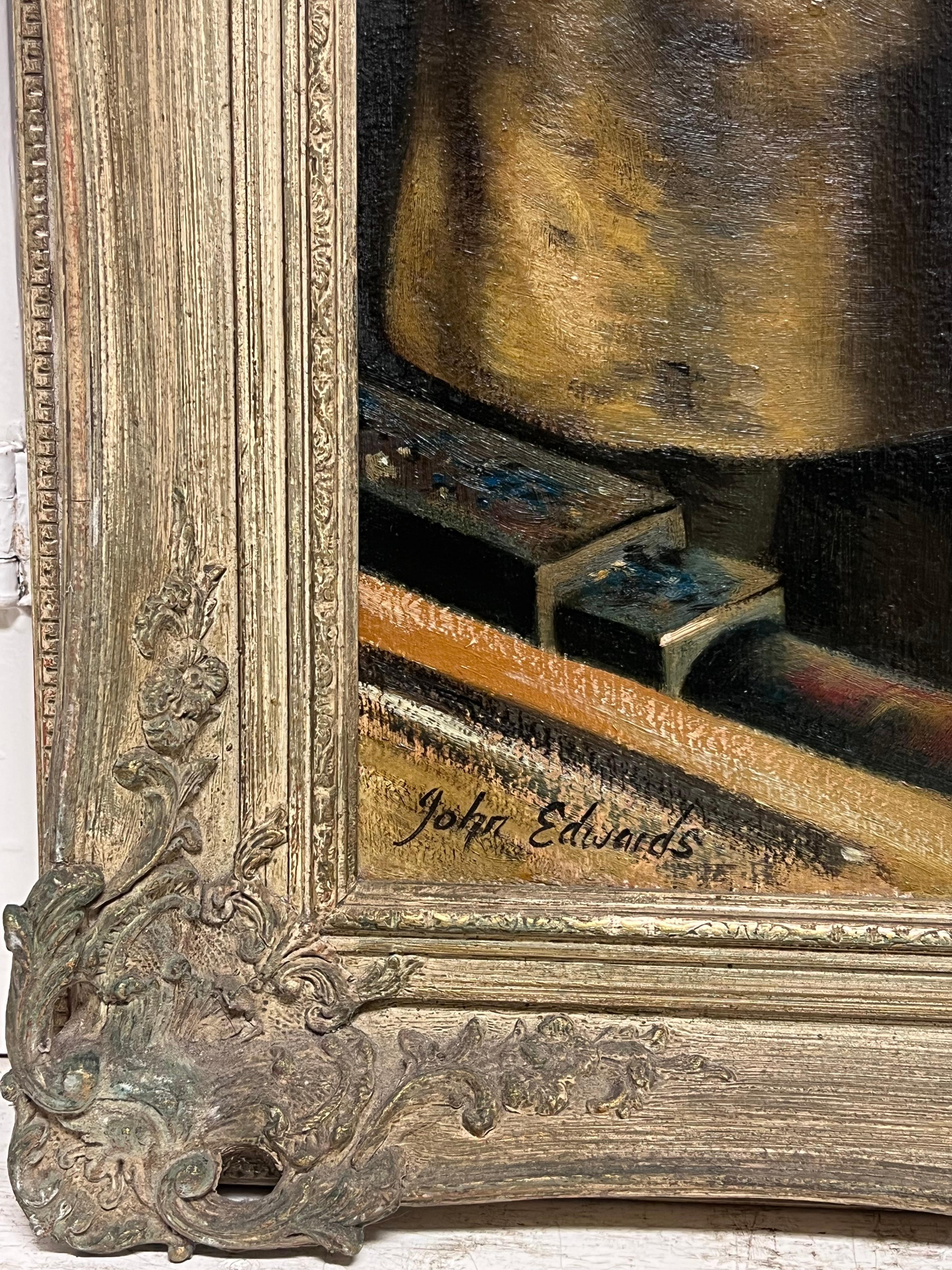 Peinture à l'huile traditionnelle anglaise Portrait d'un forgeron travaillant en milieu rural en vente 3