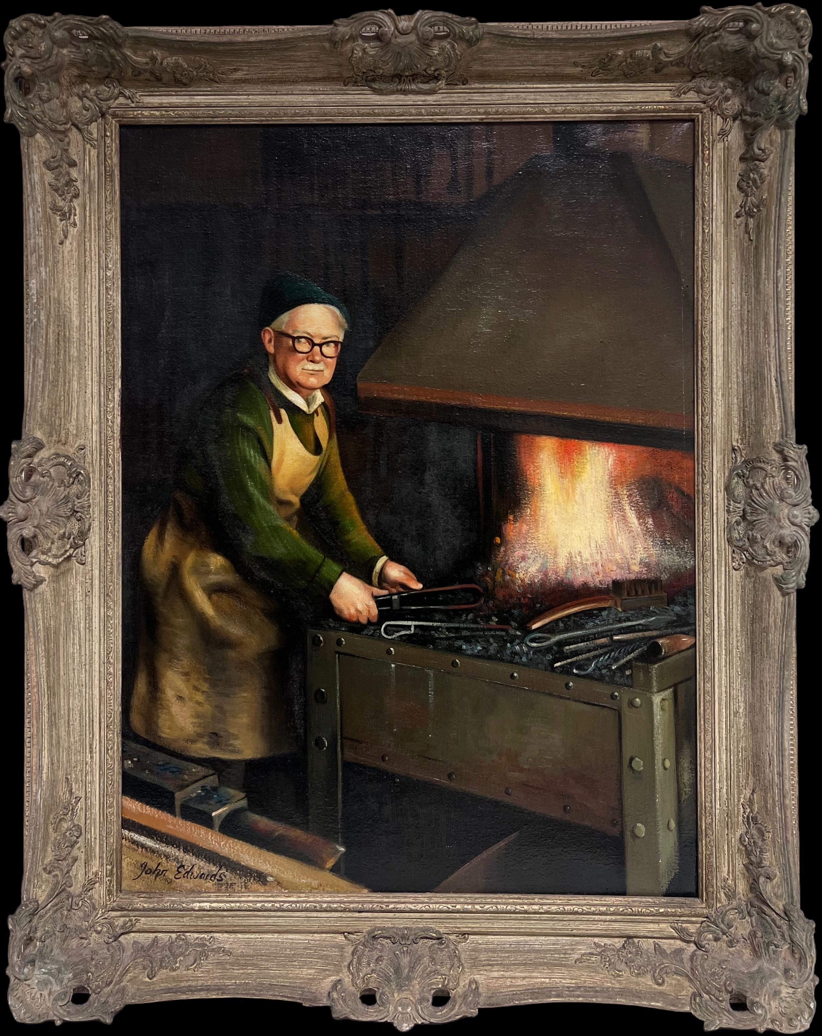 Portrait Painting John Edwards - Peinture à l'huile traditionnelle anglaise Portrait d'un forgeron travaillant en milieu rural