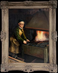 Pittura ad olio inglese tradizionale Ritratto di un fabbro in attività