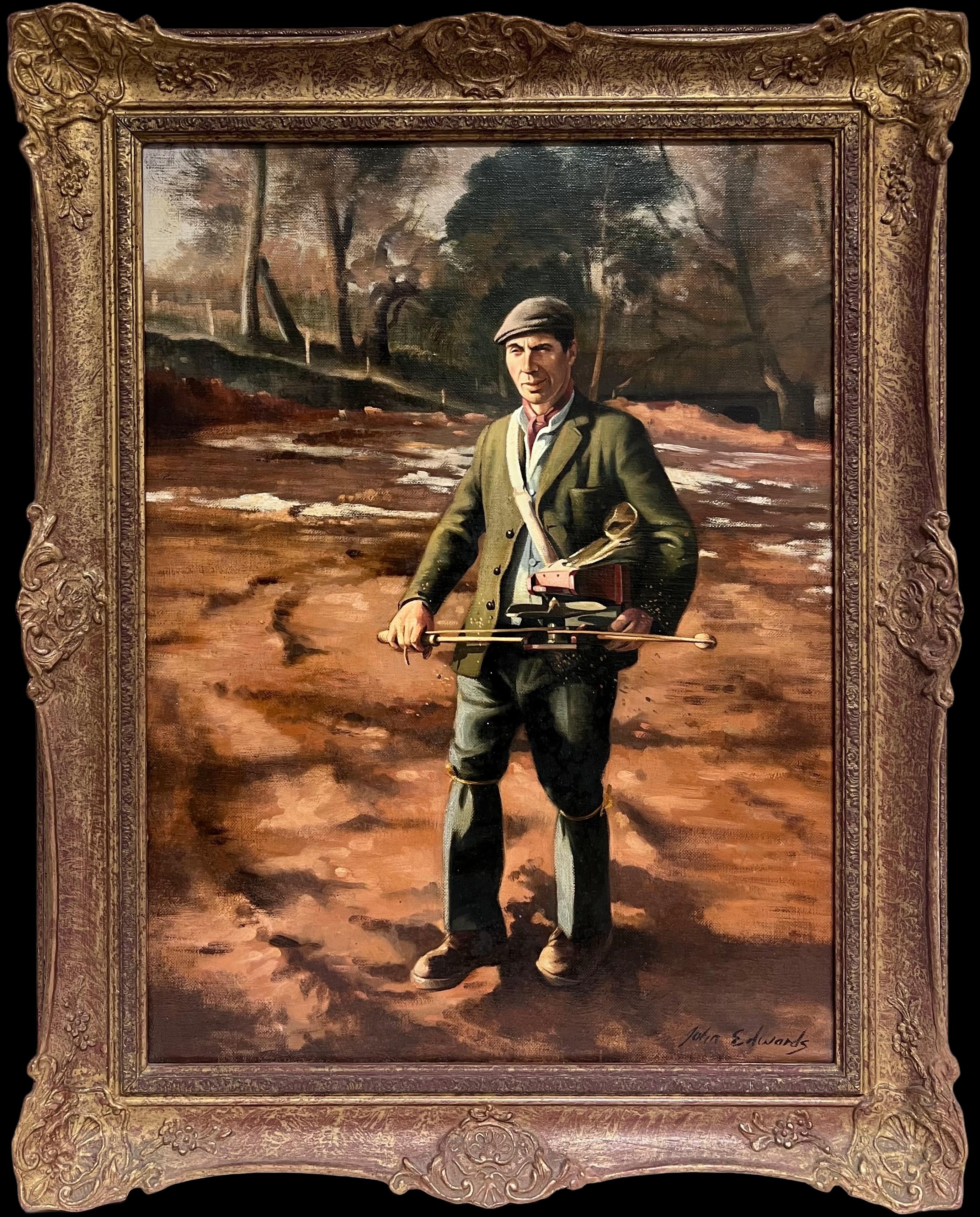 Traditionelles englisches Ölgemälde Ländliches Handwerk Porträt eines Mannes im Wald