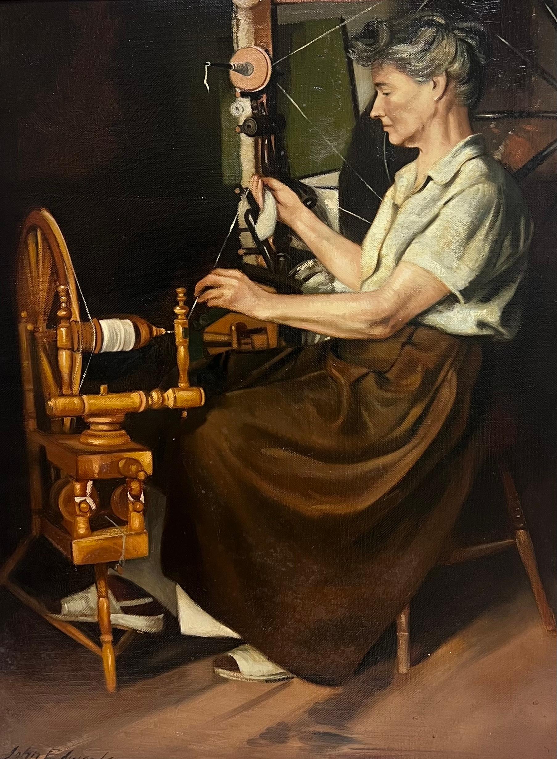 Peinture à l'huile traditionnelle anglaise Portrait de femmes au rouet - Painting de John Edwards