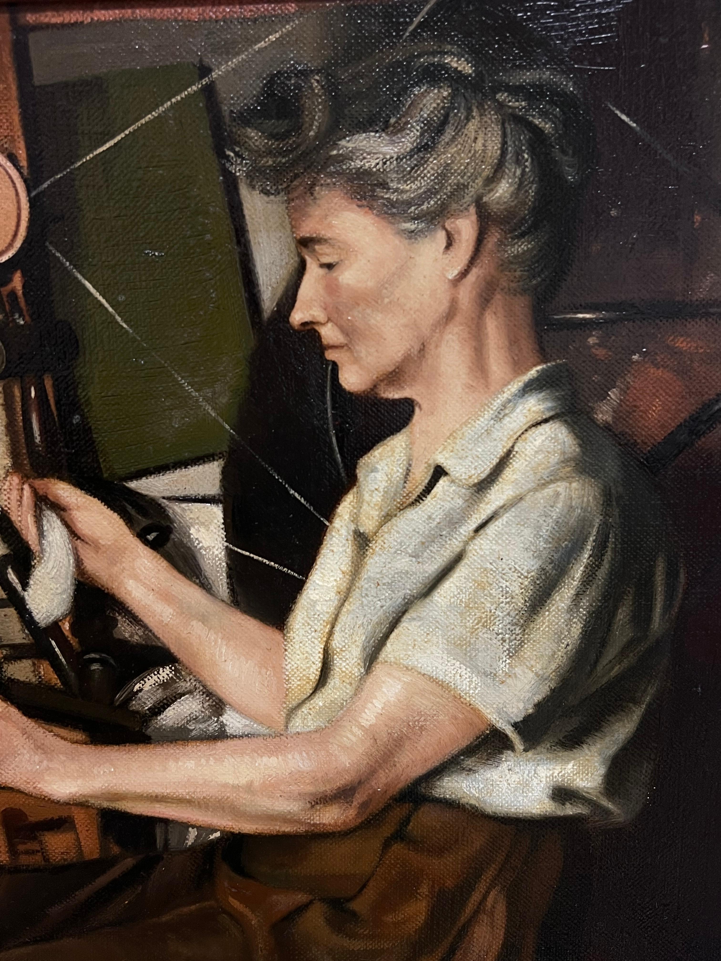 Peinture à l'huile traditionnelle anglaise Portrait de femmes au rouet - École anglaise Painting par John Edwards