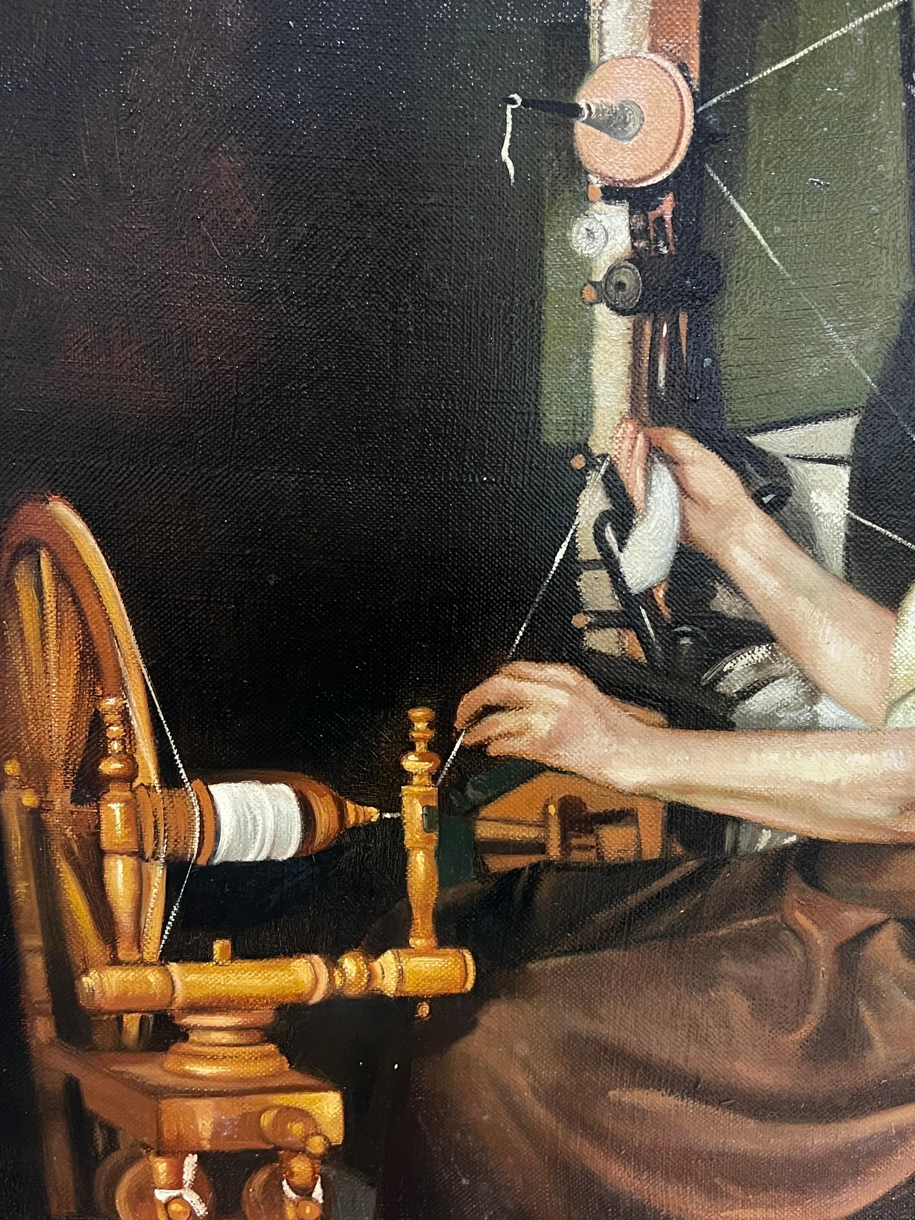 Peinture à l'huile traditionnelle anglaise Portrait de femmes au rouet - Noir Portrait Painting par John Edwards